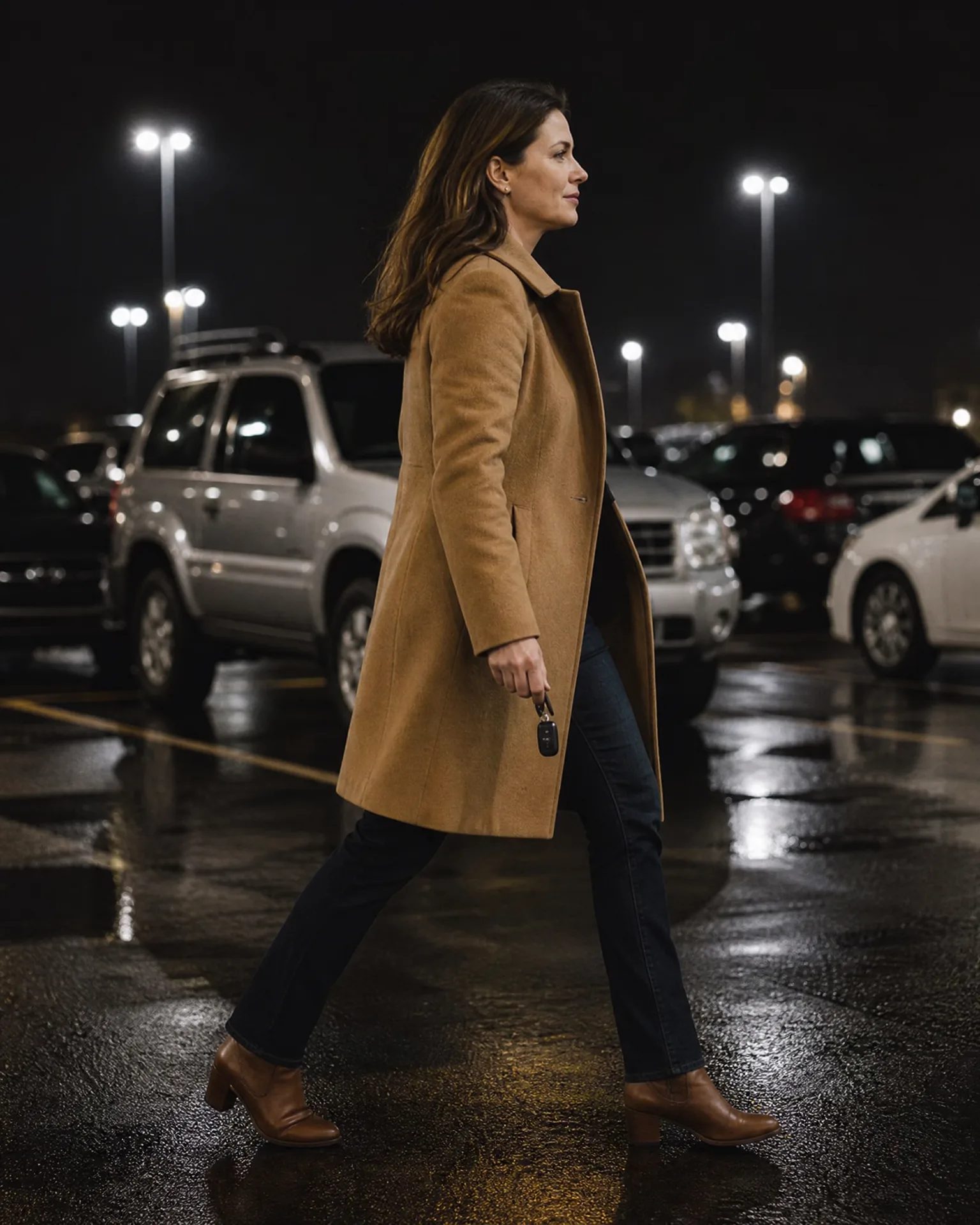 A woman in a camel coat, dark jeans and brown heeled ankle boots walks across a wet parking lot at night, holding a key fob, with parked cars and lamp posts behind her.