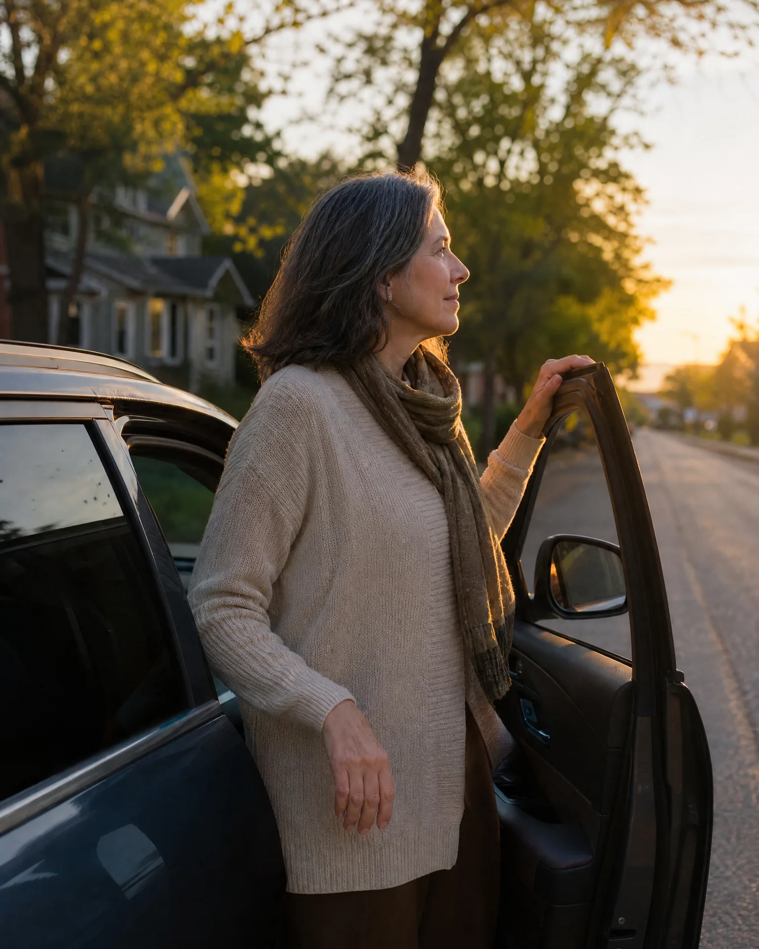 A woman in a cream sweater and scarf stands beside an open car door on a residential street at sunset, looking into the distance.