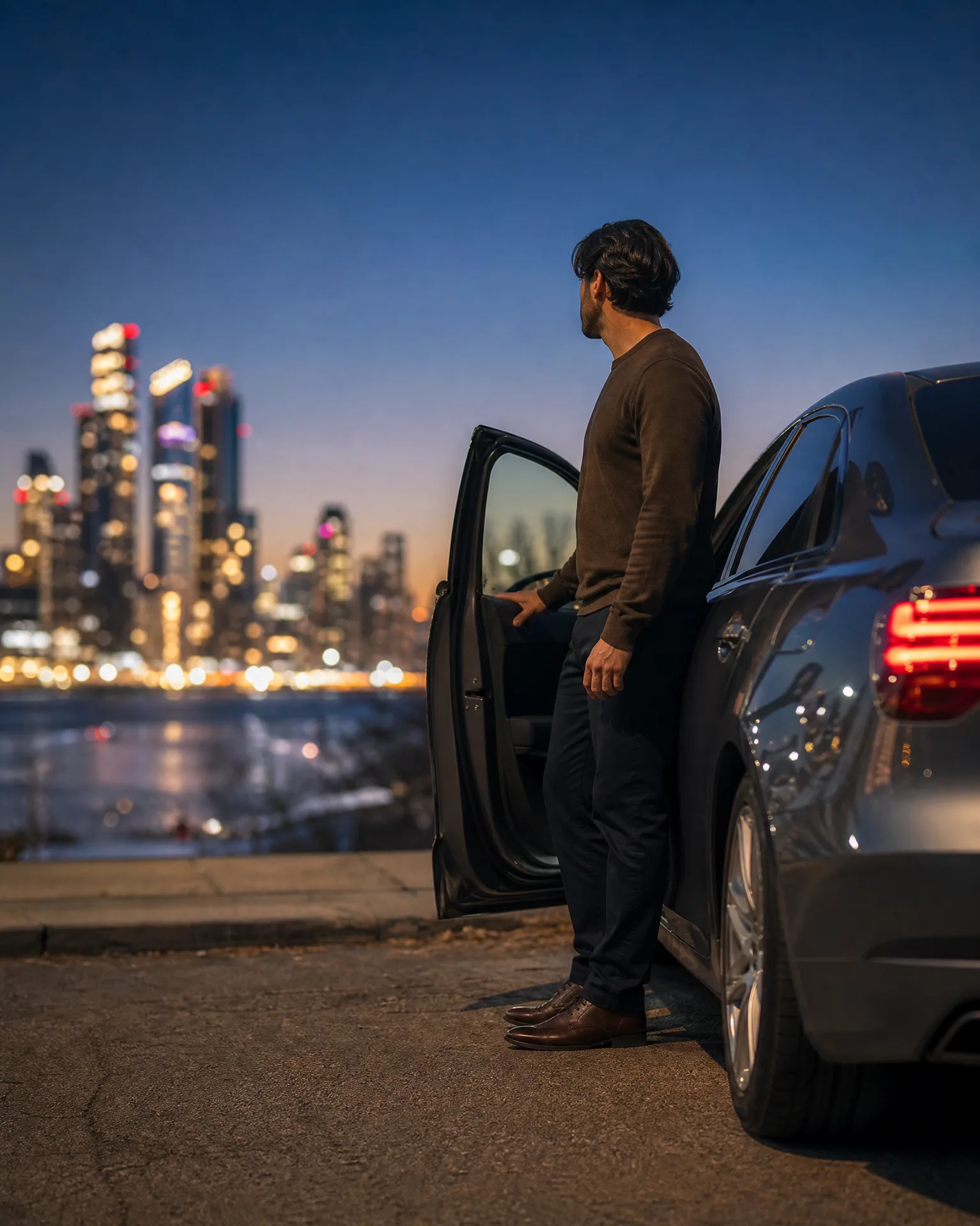 A man in a dark sweater and trousers stands beside an open car door on a paved waterfront area at dusk, with a lit city skyline blurred across the water behind him.