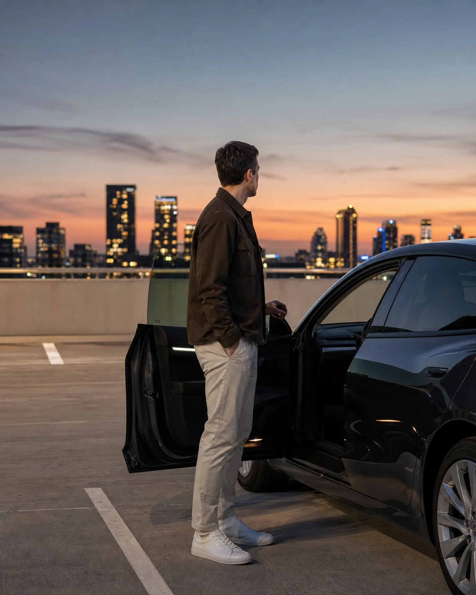 A man in a brown jacket, light trousers and white sneakers stands beside a dark car with its rear door open on a rooftop parking deck, with a city skyline at dusk behind him.