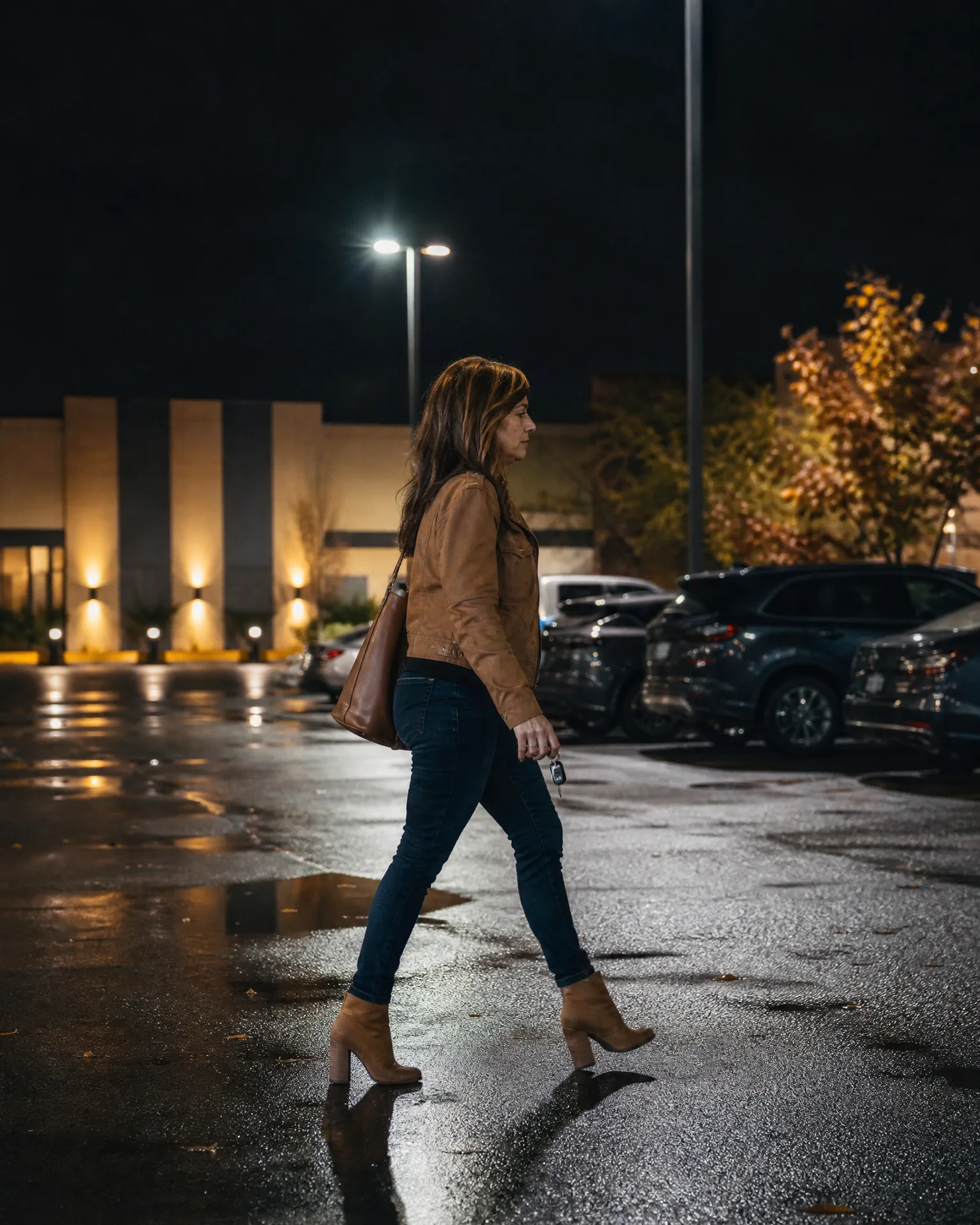 A woman in a tan jacket, dark jeans, and tan heeled ankle boots carries a brown shoulder bag and keys while walking across a wet parking lot at night, with parked cars, a lit building, and a streetlight behind her.