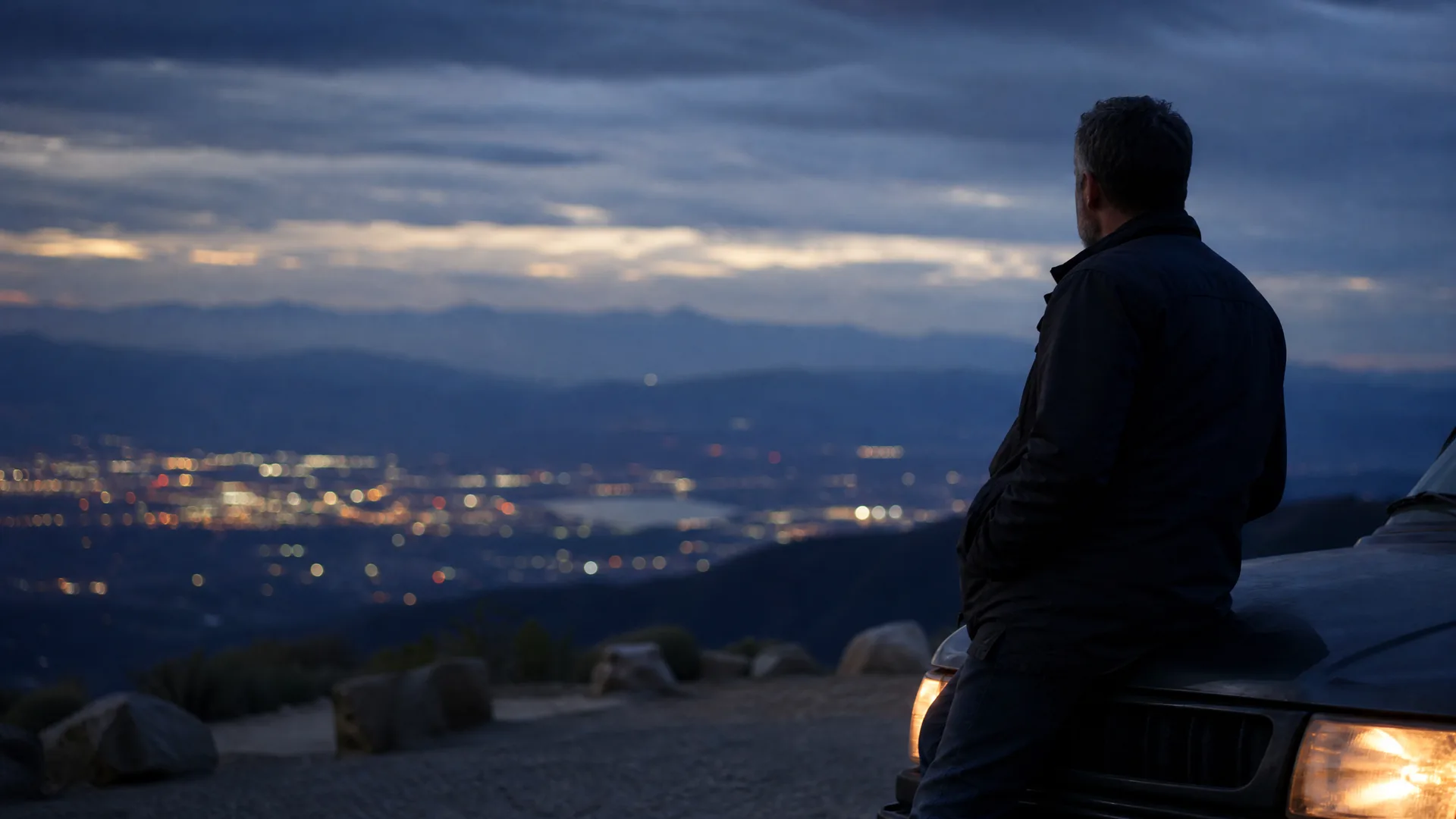 A man in a dark jacket leans against the hood of a vehicle on a gravel overlook at dusk, facing a valley of city lights with distant mountain ridges and cloudy sky.