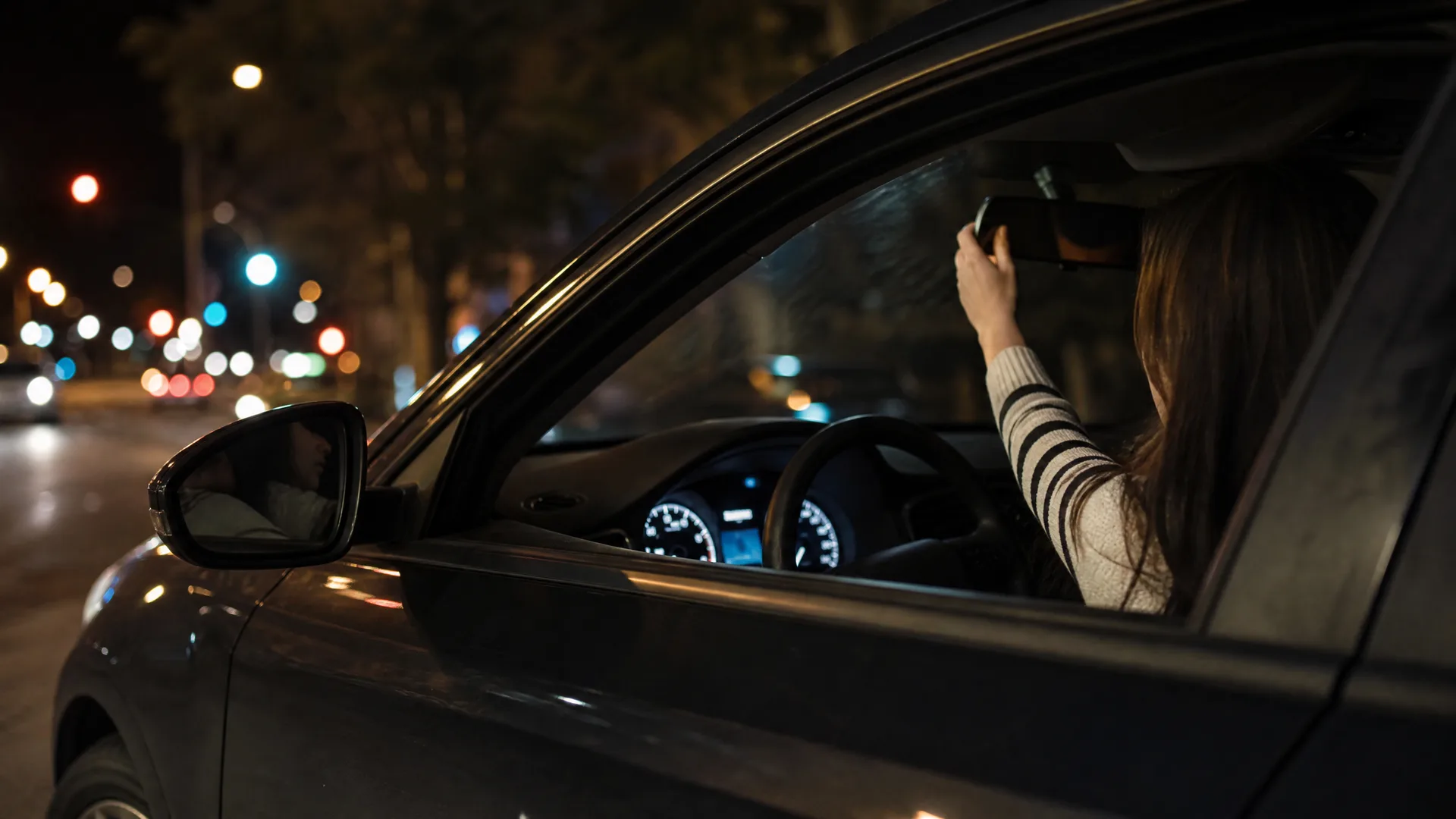 A woman with long hair sits in the driver's seat of a car at night, reaching up to adjust the rear-view mirror, seen through the open passenger-side window with blurred street lights in the background.