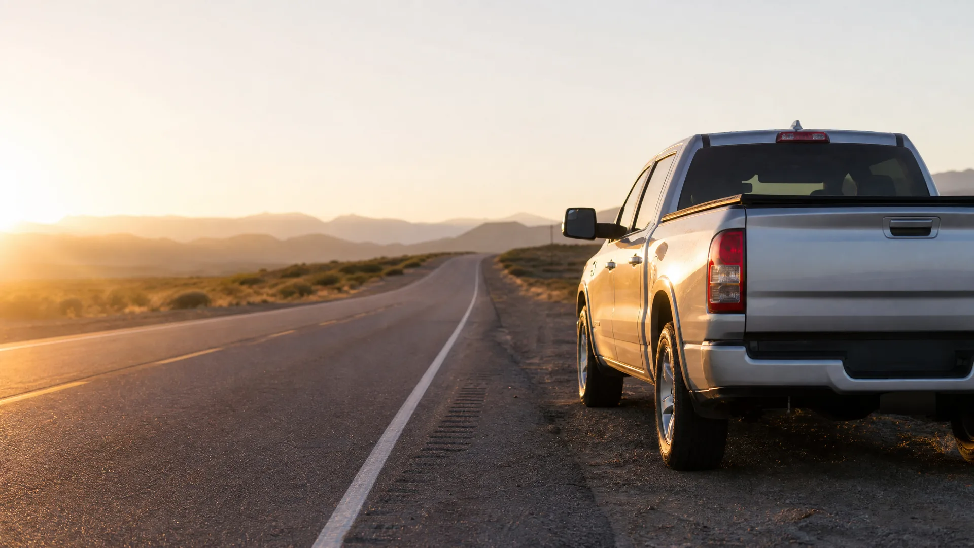 A silver crew-cab pickup truck parked on the dirt shoulder of a two-lane road in dry scrubland, with low mountains and a low sun on the horizon.