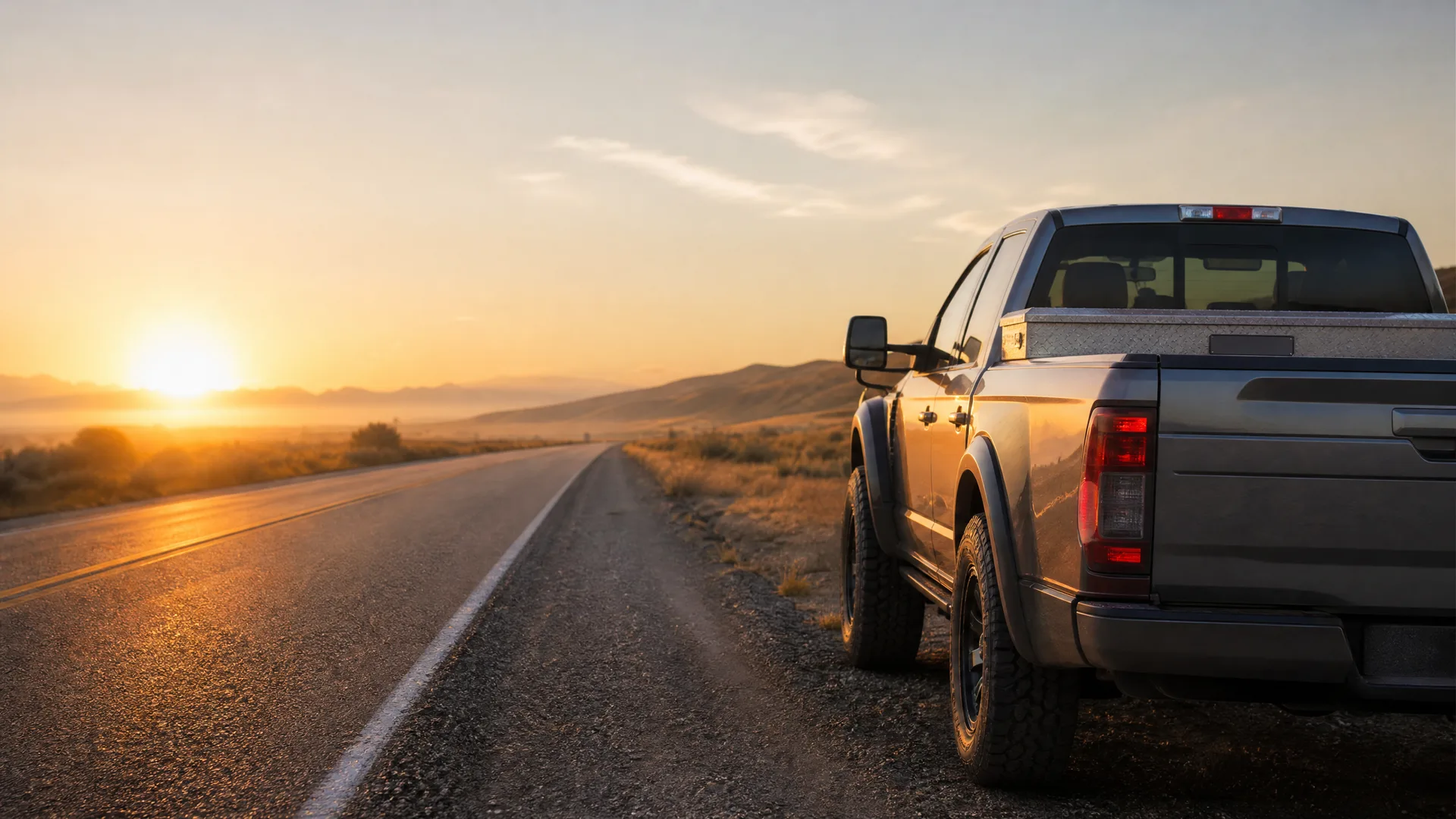 A gray pickup truck parked on the gravel shoulder of a two-lane road at sunset, with dry grass, low hills and the setting sun in the distance.