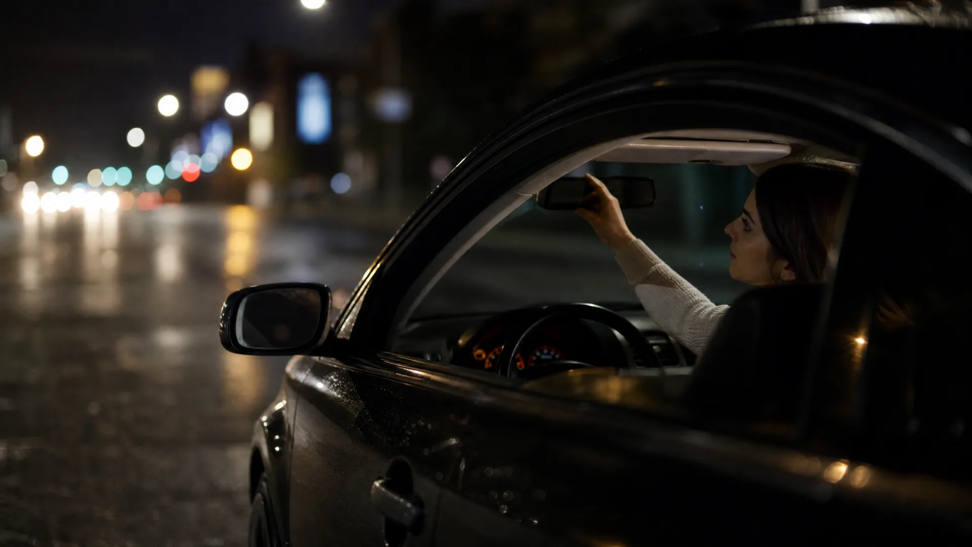 A woman sitting in the driver's seat of a car at night adjusts the rear-view mirror, seen through the open passenger-side window, with blurred street lights and a wet road behind.