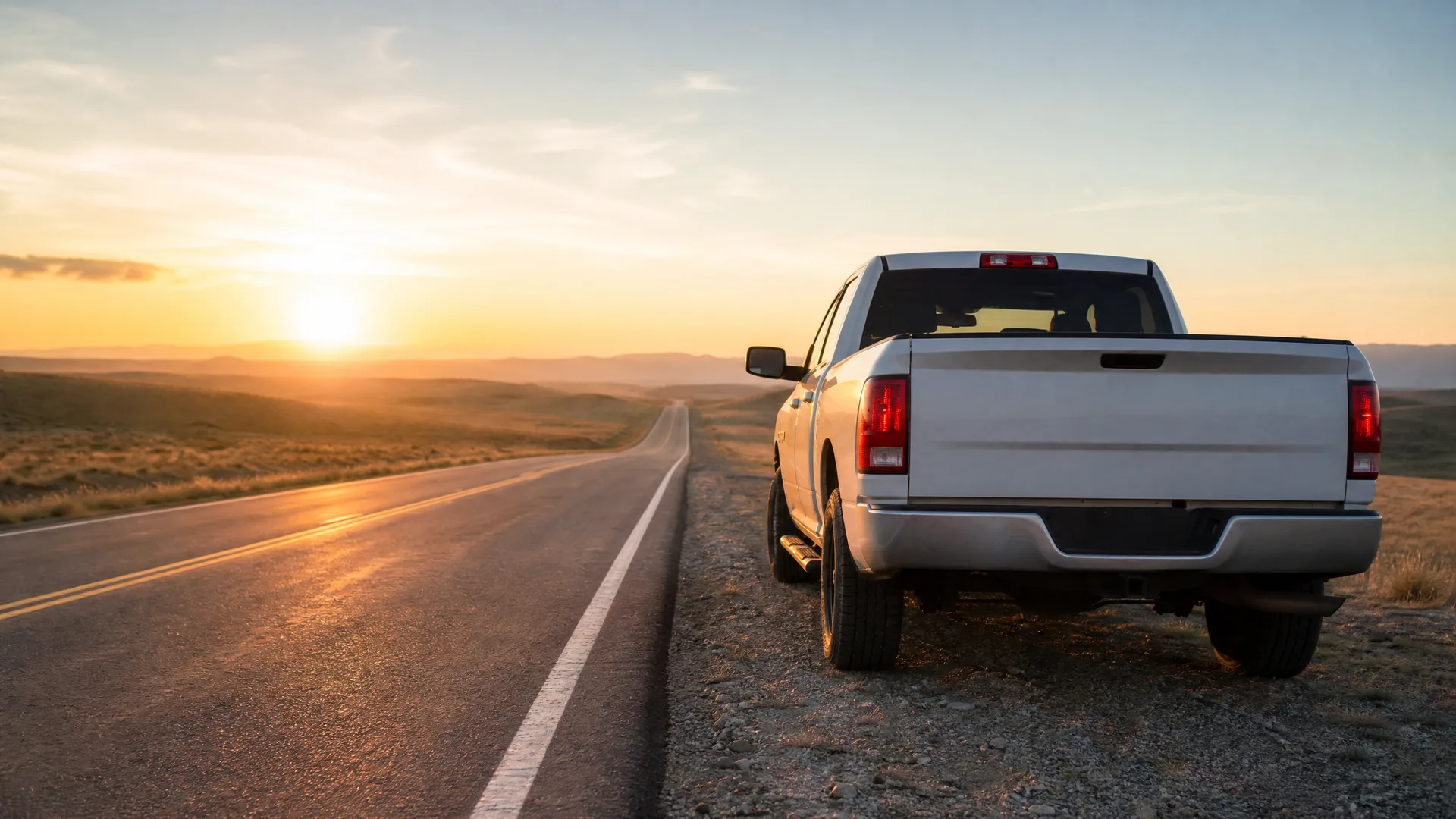 A white crew-cab pickup truck parked on the gravel shoulder of a two-lane road at sunset, with low hills and grassland in the background.