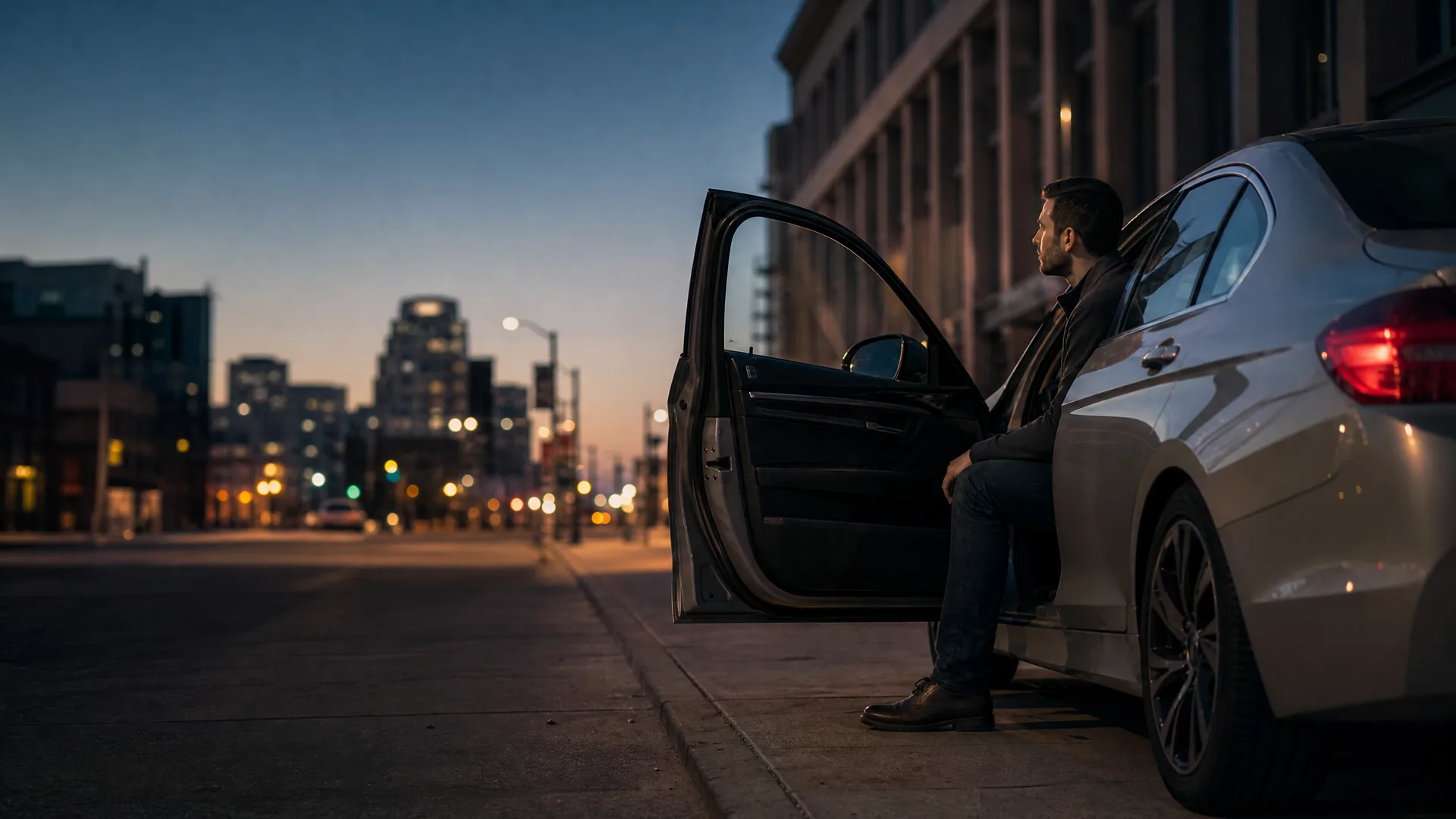 A man leans against a white sedan with its front passenger door open, parked on a city street at dusk with blurred building lights in the background.