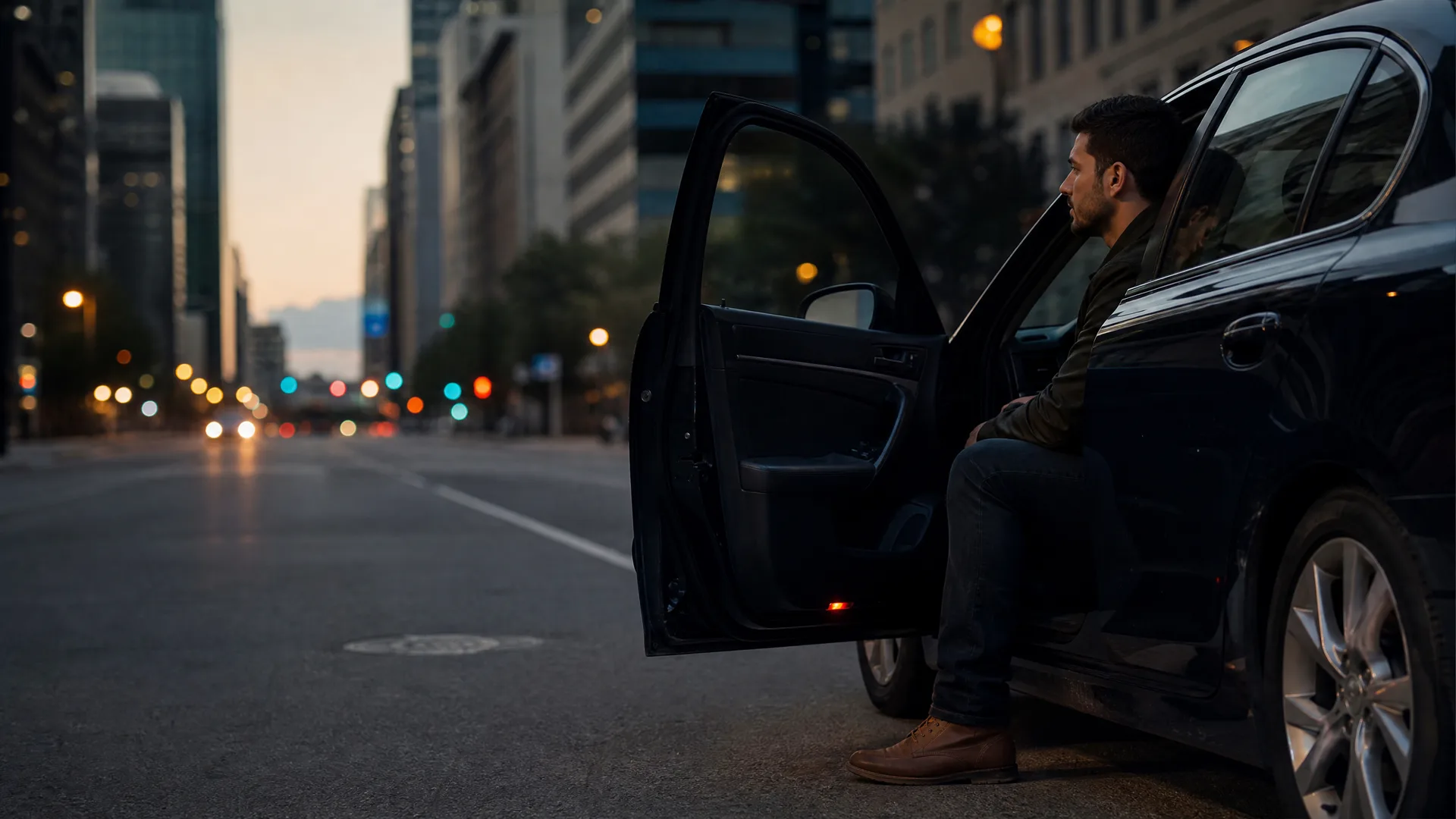 A man sits sideways in the open driver's doorway of a dark sedan parked on a city street at dusk, with blurred buildings and traffic lights in the background.