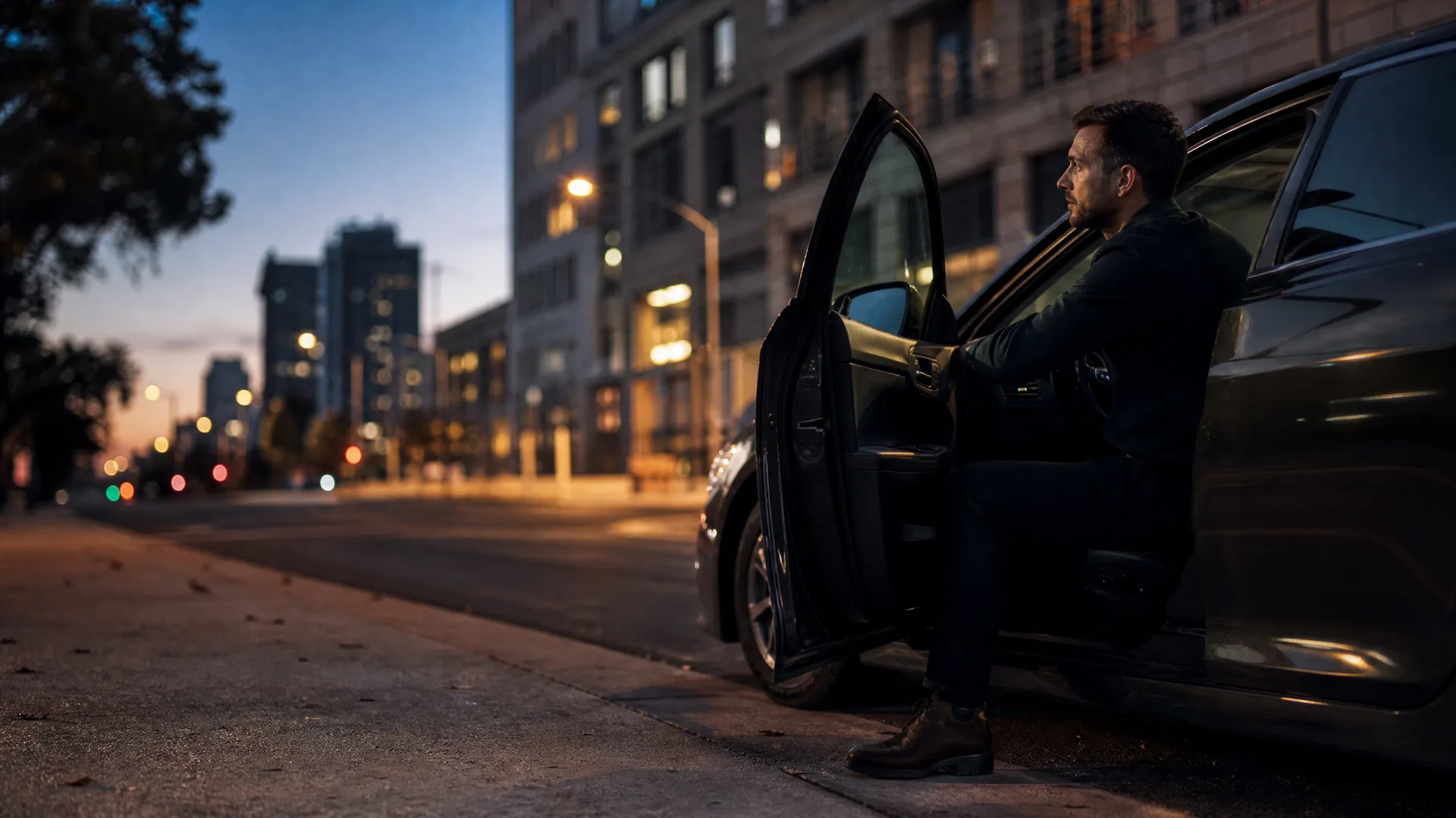 A man in a dark jacket sits sideways in the open doorway of a dark car parked at a curb, with blurred city buildings and street lights at dusk behind him.