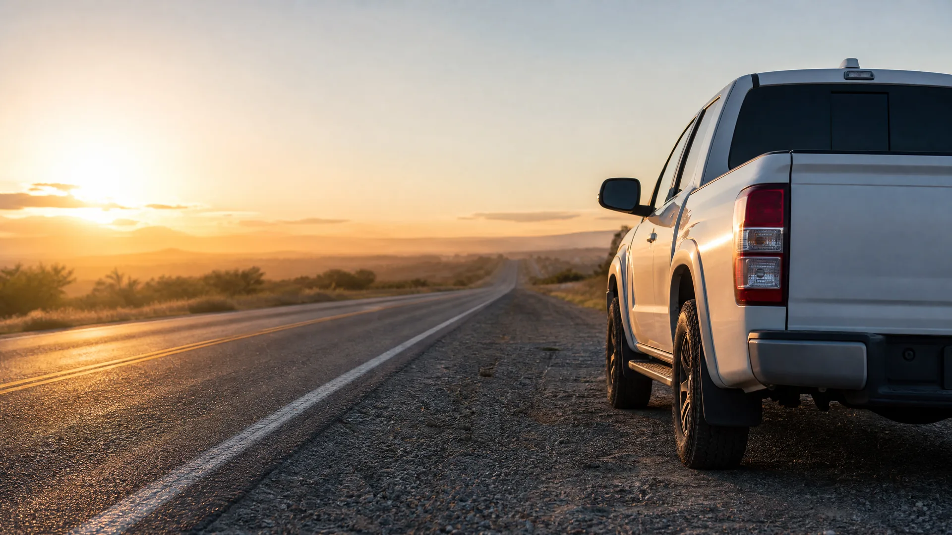 A white pickup truck parked on a gravel shoulder beside a two-lane road that stretches toward distant low hills at sunset.