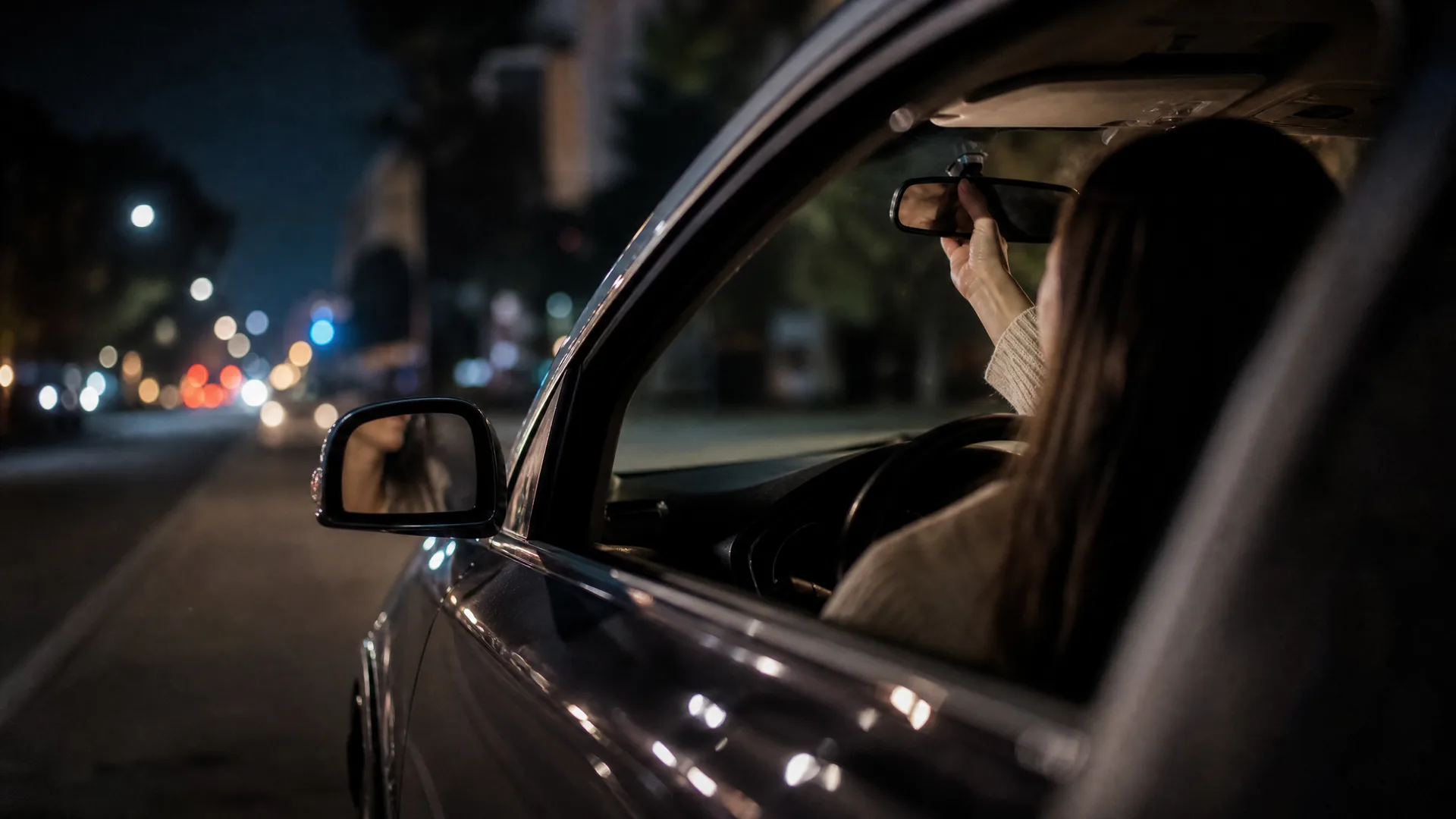 A long-haired person sits in the driver's seat of a car at night, reaching up to adjust the rear-view mirror, seen through the open passenger-side window with blurred street lights in the background.
