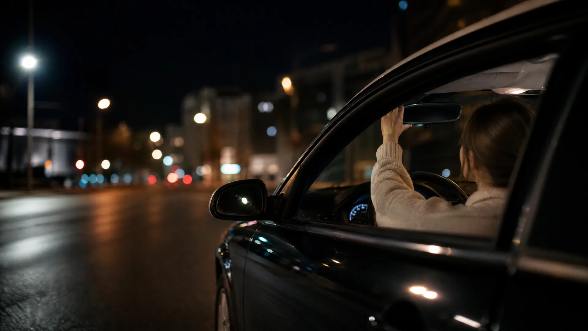A woman in a light sweater sits in the driver's seat of a car at night, reaching up to adjust the rearview mirror, with blurred street lights and buildings along the road behind.