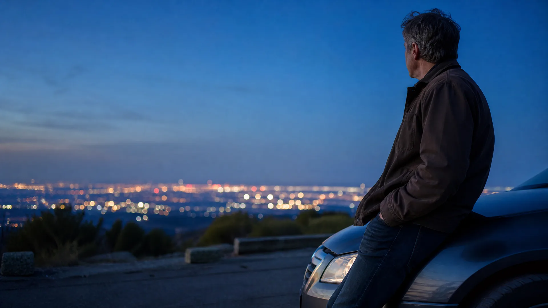 A man in a dark jacket leans against the hood of a car on a hillside at dusk, looking out over distant city lights under a deep blue sky.