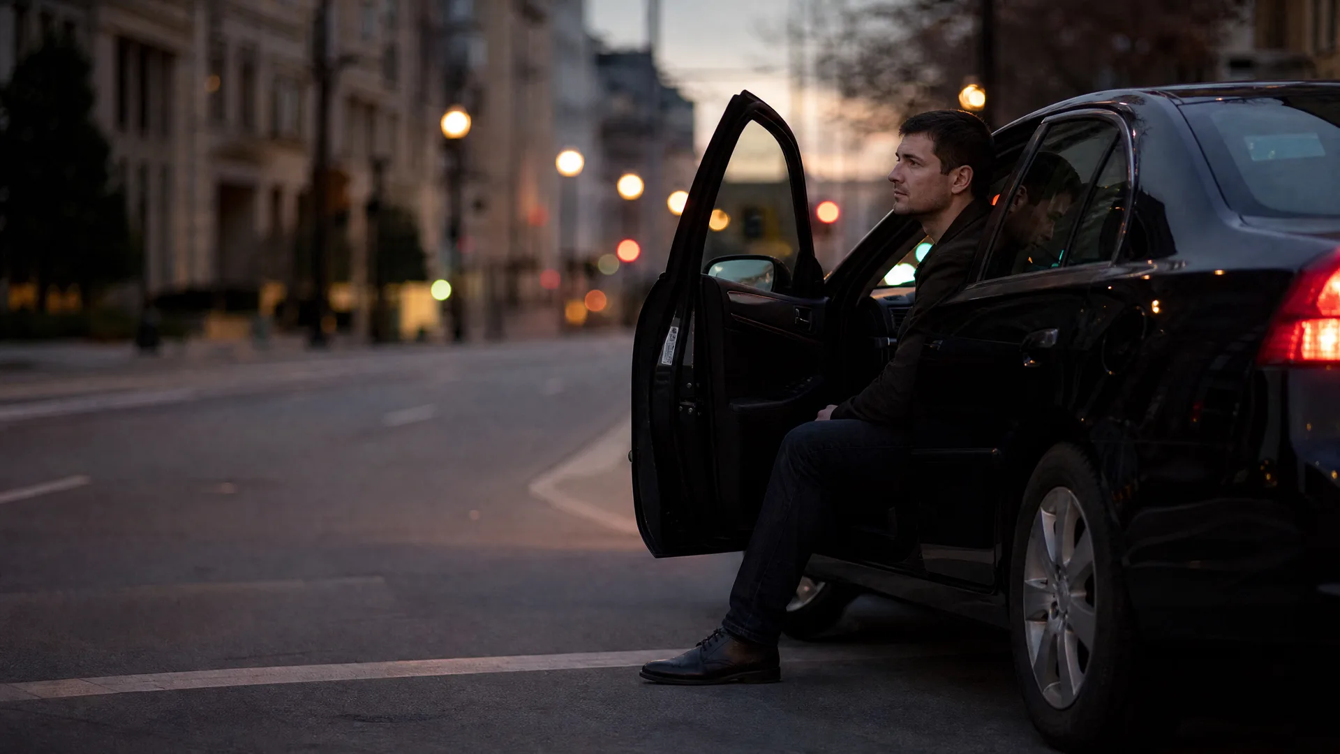 A man sits sideways in the open driver's doorway of a dark sedan parked on a city street at dusk, with blurred buildings and streetlights behind him.