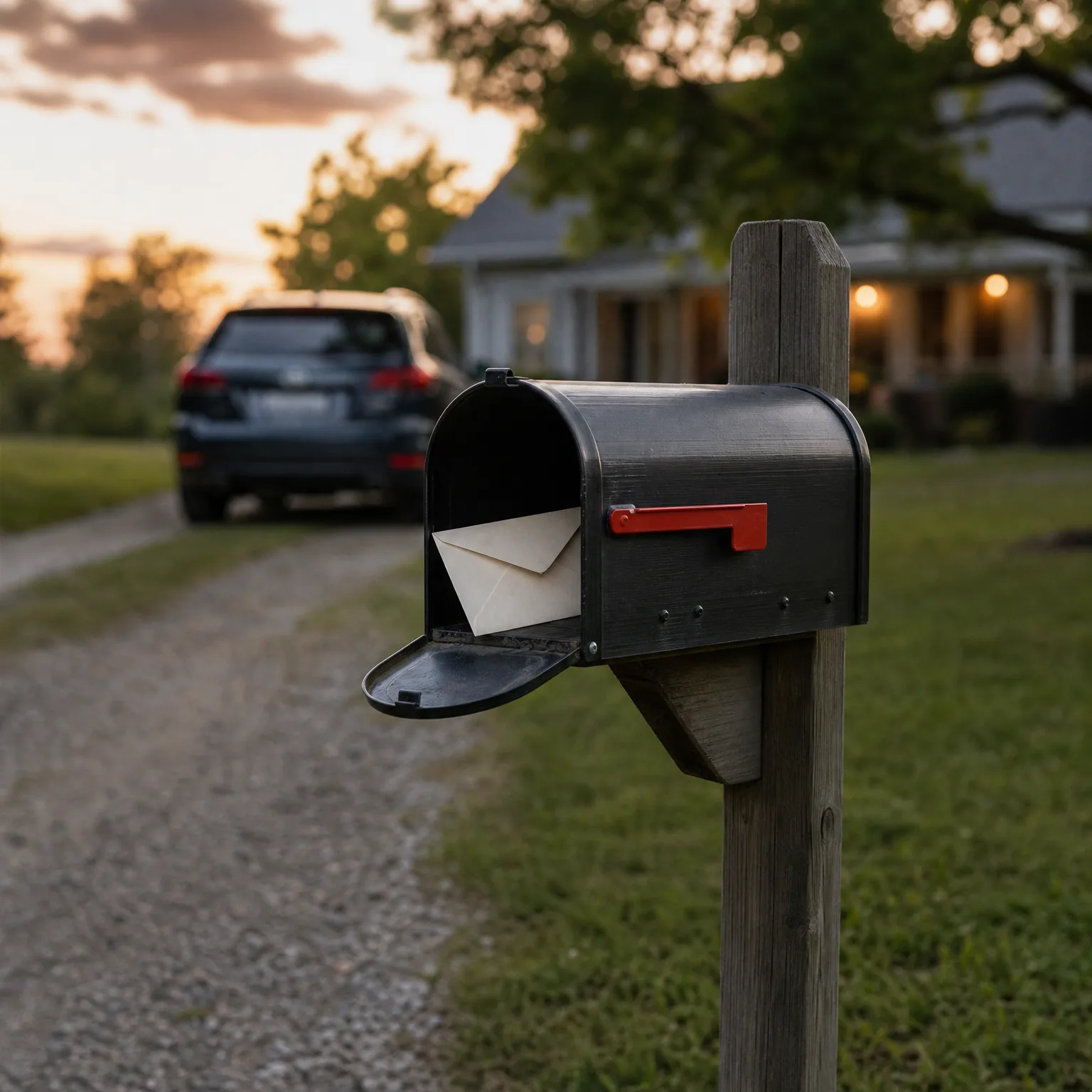 An open black mailbox with a raised red flag on a weathered wooden post, holding a white envelope, with a gravel driveway, parked SUV and house blurred in the background at dusk.