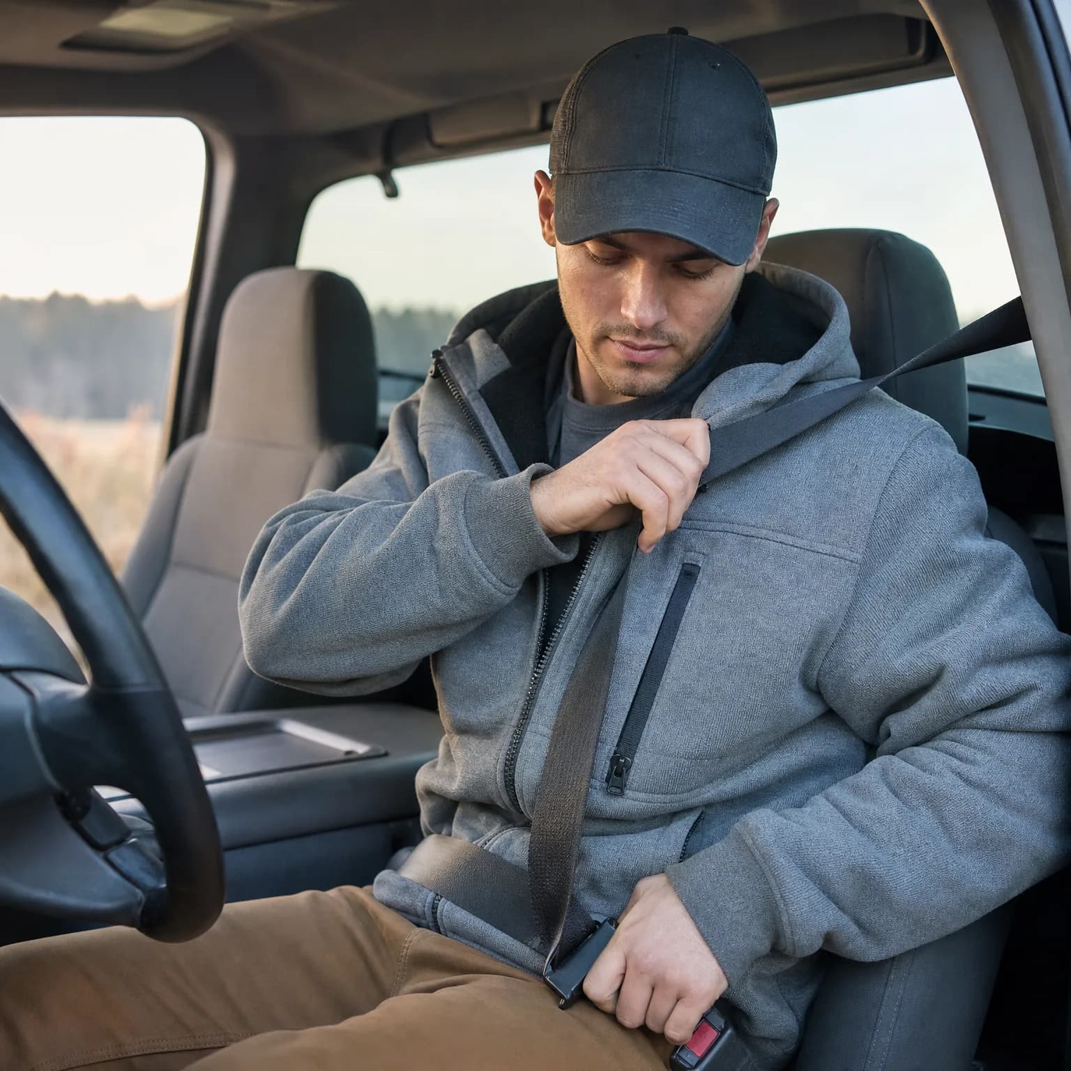 A man in a gray hooded sweatshirt and dark baseball cap sits in a truck cab and fastens his seat belt, with blurred tan vegetation visible through the windows.