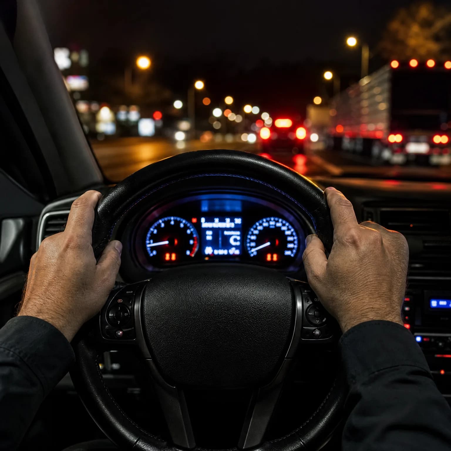 Driver's-eye view from inside a car at night, with two hands gripping the steering wheel, an illuminated instrument cluster, and blurred street lights and red tail lights ahead.