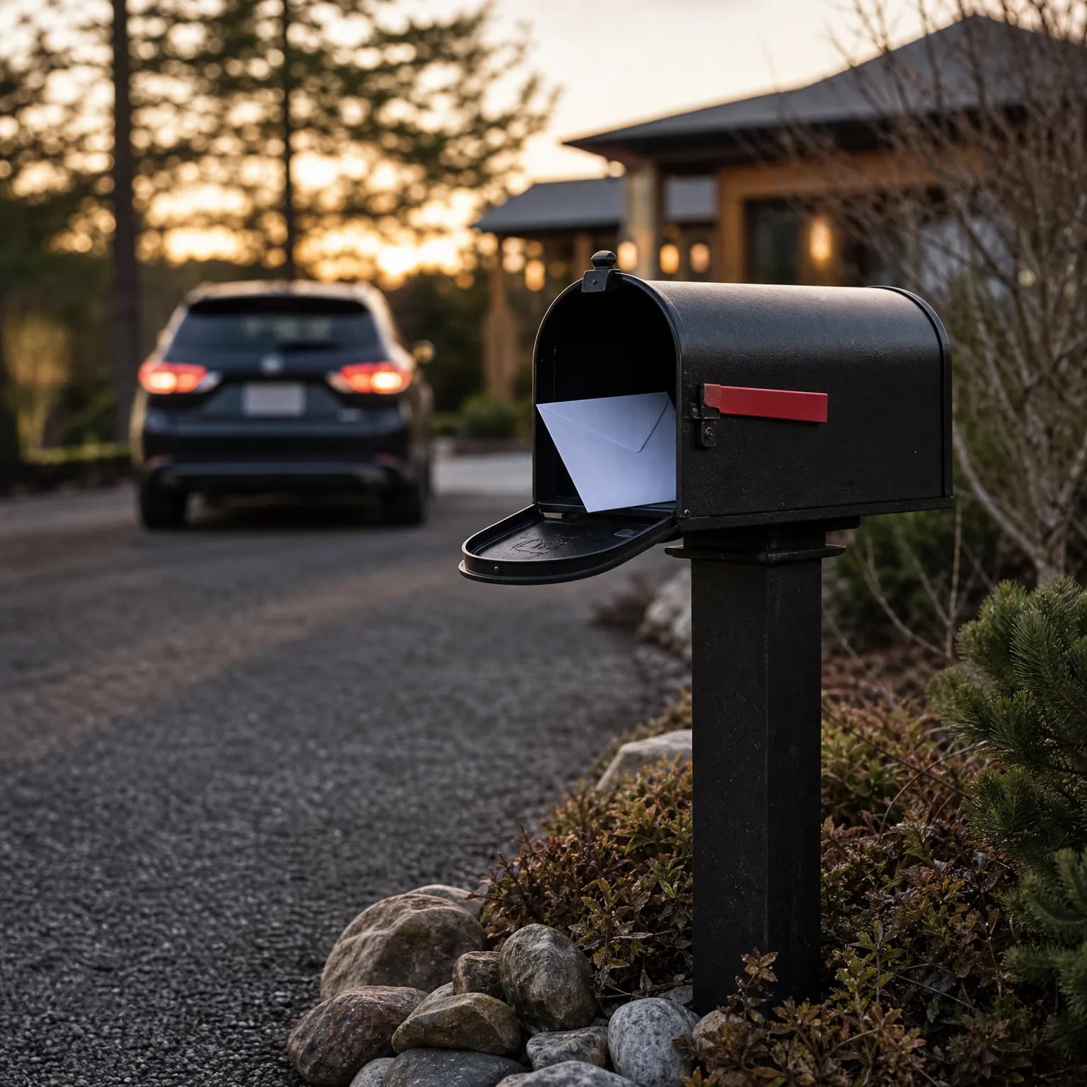 An open black mailbox with a red flag and a white envelope inside, mounted on a post beside a gravel driveway, with a dark car and a house blurred in the background at dusk.