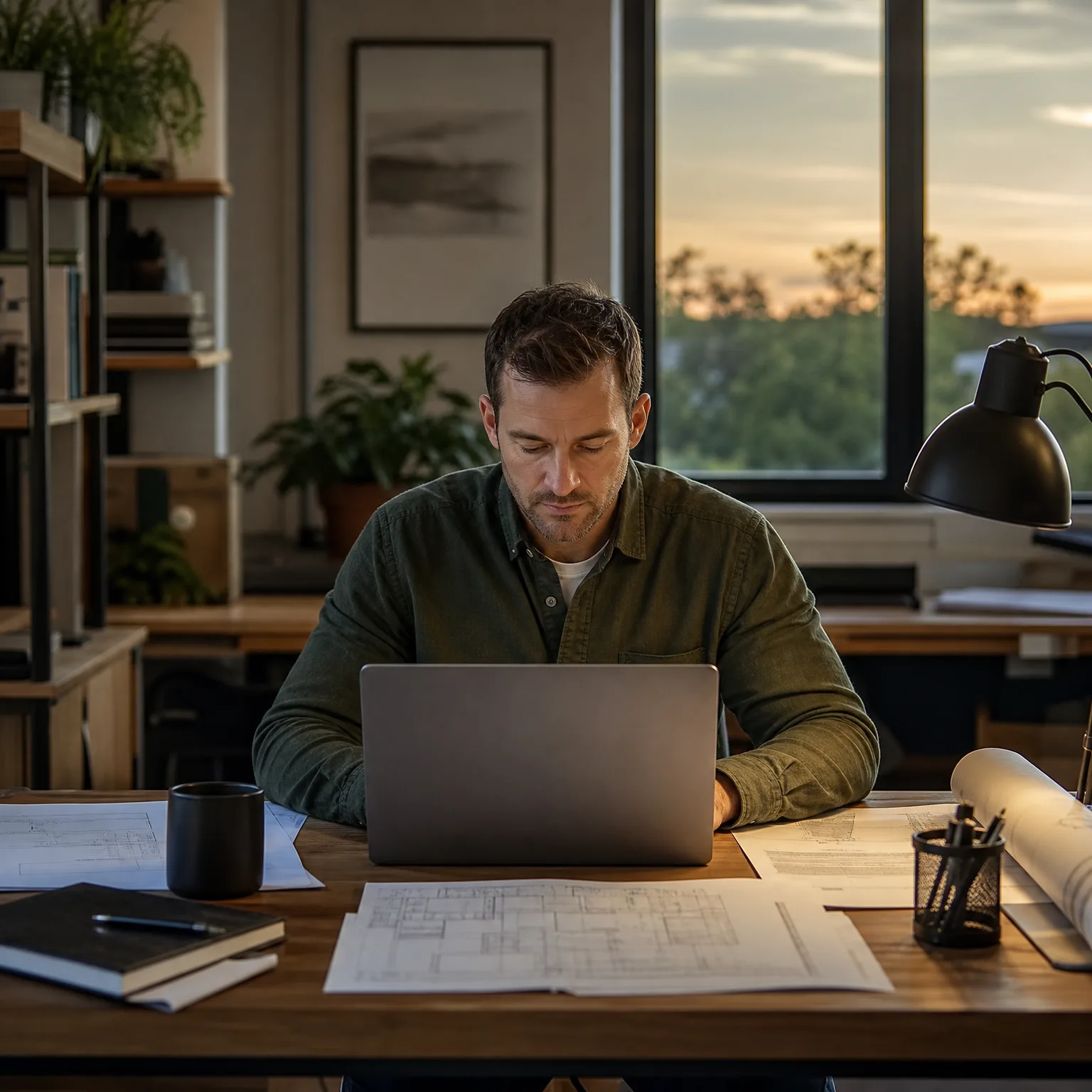 A man in a dark green shirt sits at a wooden desk working on a laptop, with printed floor plans, a rolled drawing, a pen cup, a notebook and a dark mug around him, and a large window showing trees at dusk behind.