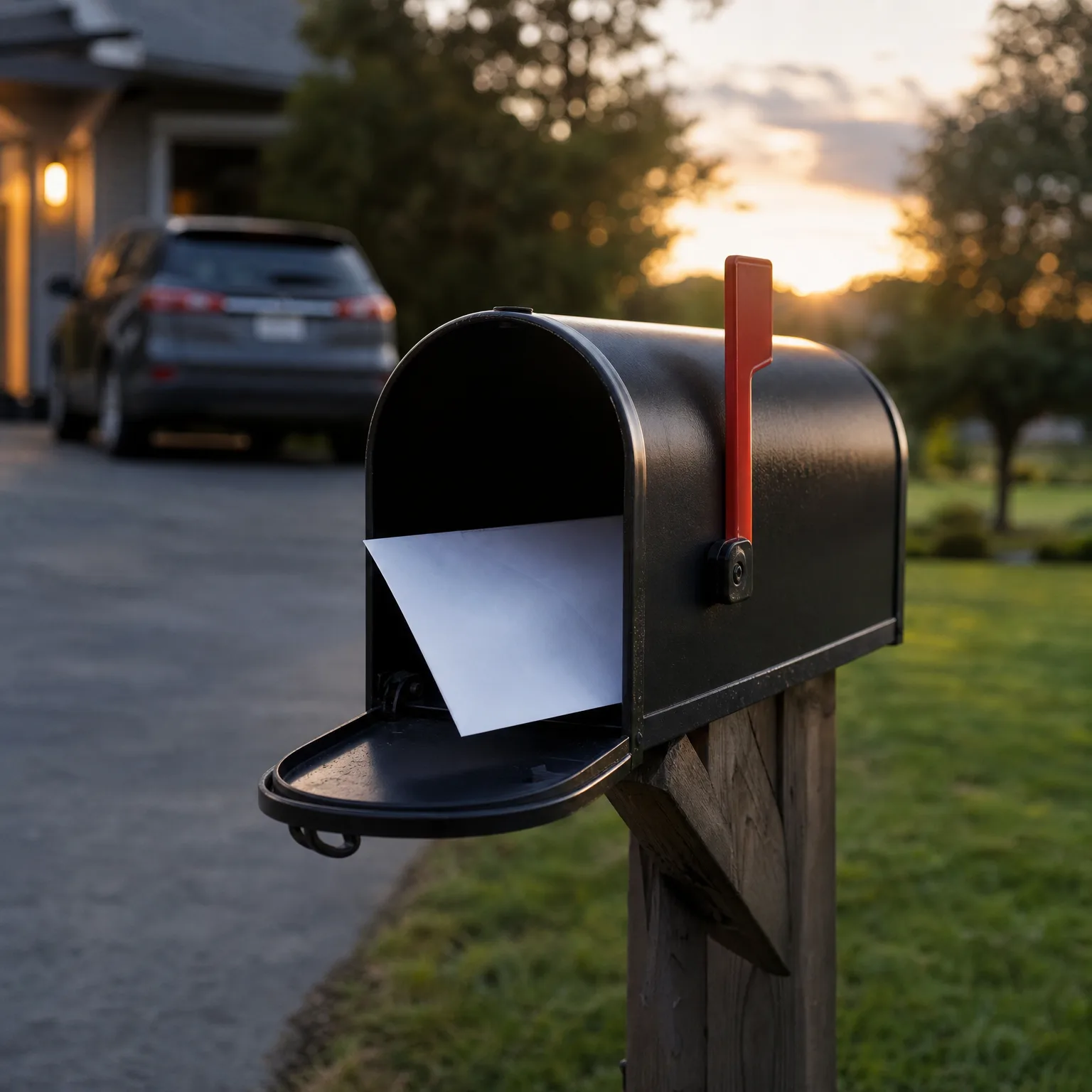 An open black mailbox on a wooden post with a white envelope inside and the red flag raised, beside a paved driveway with a parked SUV and a house blurred in the background at sunset.