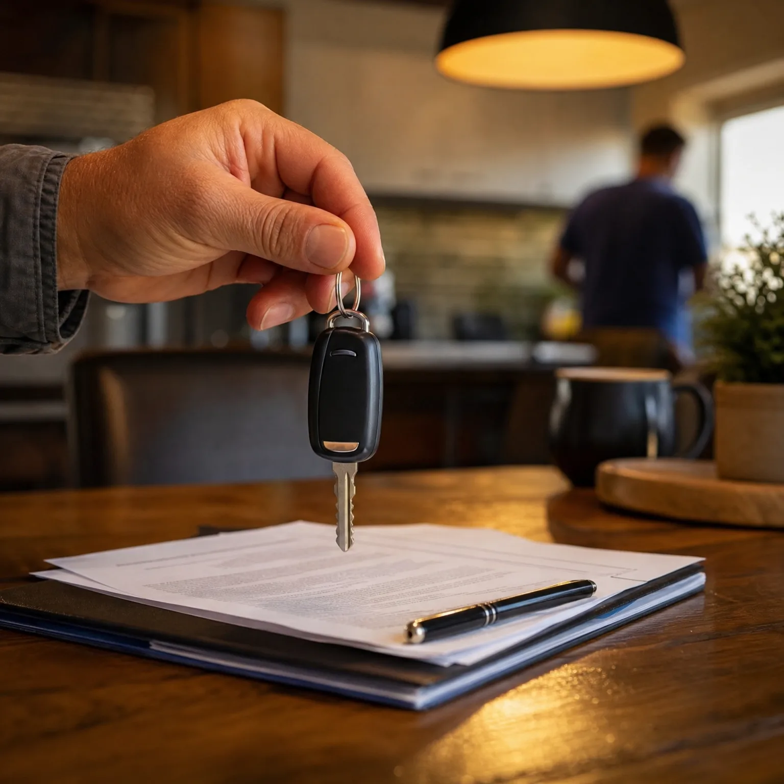 A hand holds a car key with a black fob over printed documents and a pen on a wooden table, with a mug, plant and a blurred person in the background.
