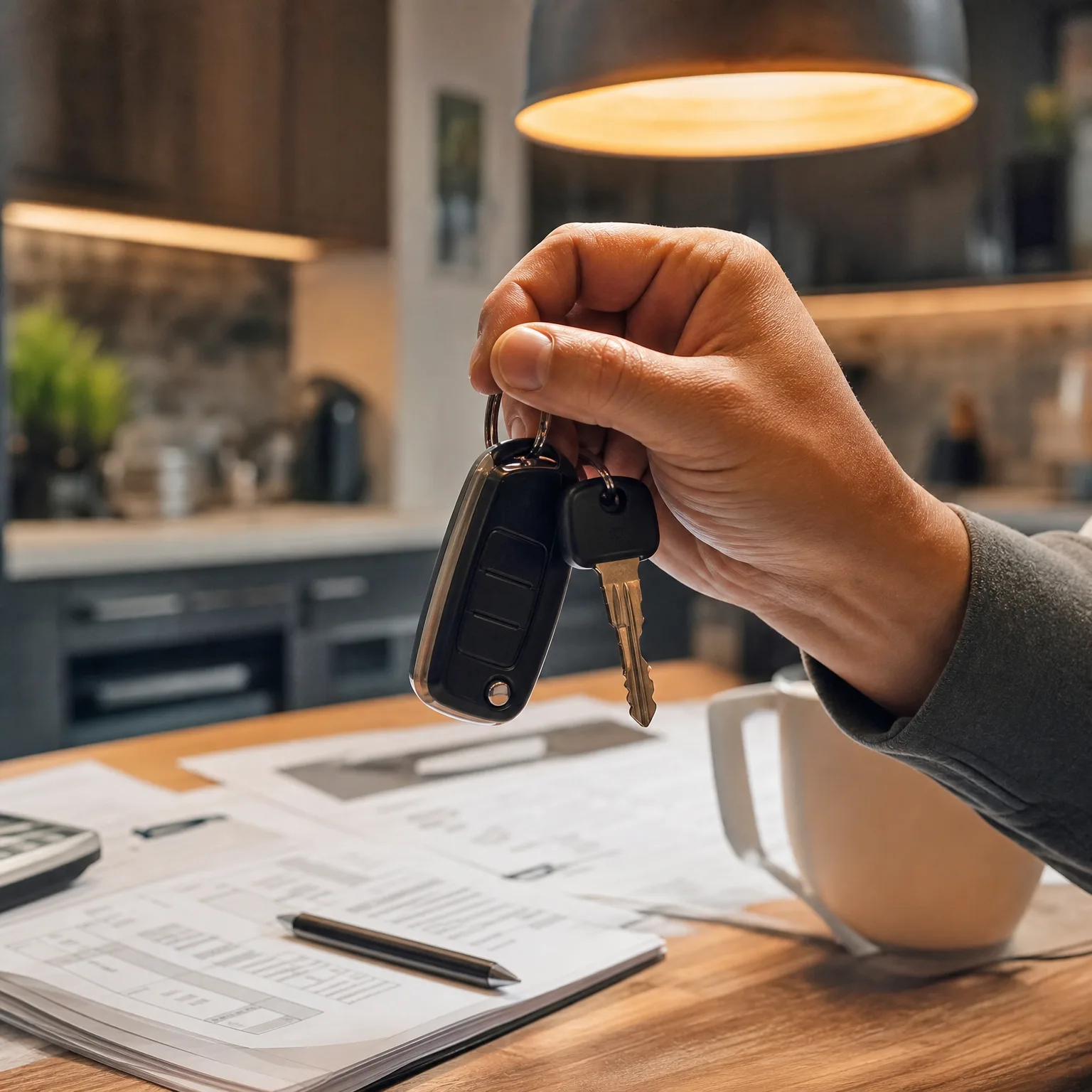 A hand holds a black key fob and a key above a wooden table covered with printed documents, a pen, a calculator and a white mug, with a kitchen and hanging lamp blurred in the background.