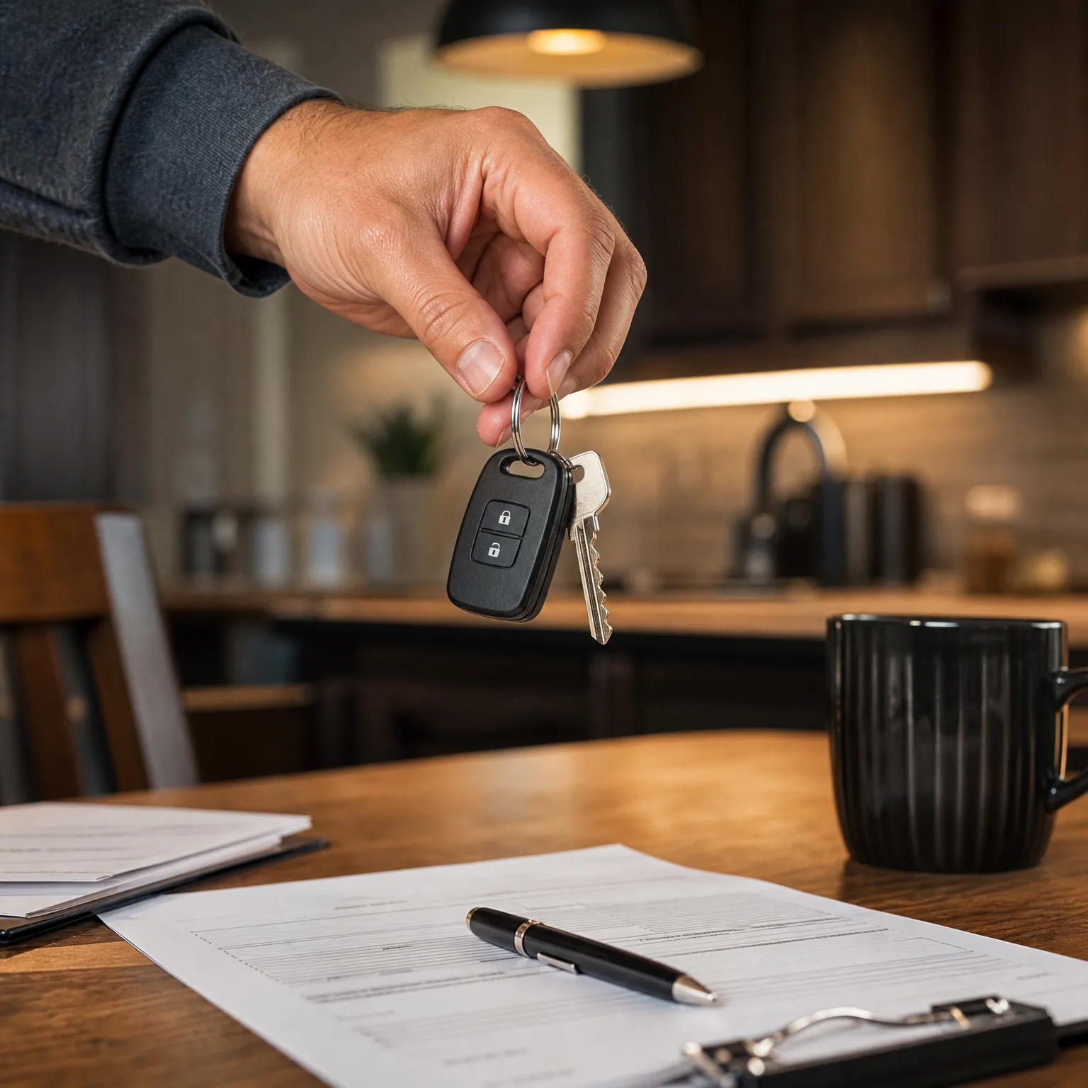 A hand holds a key fob and key over a wooden table with printed documents, a pen, a clipboard, and a black mug, with a blurred kitchen behind.