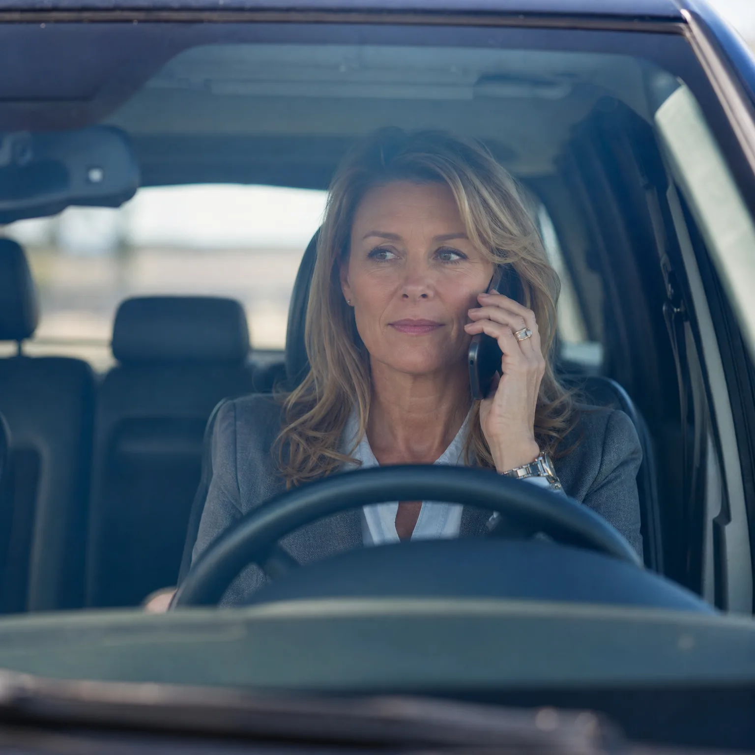 A woman with long blonde hair in a gray blazer sits in a car's driver seat behind the steering wheel, holding a phone to her ear and looking to the side, seen through the windshield.
