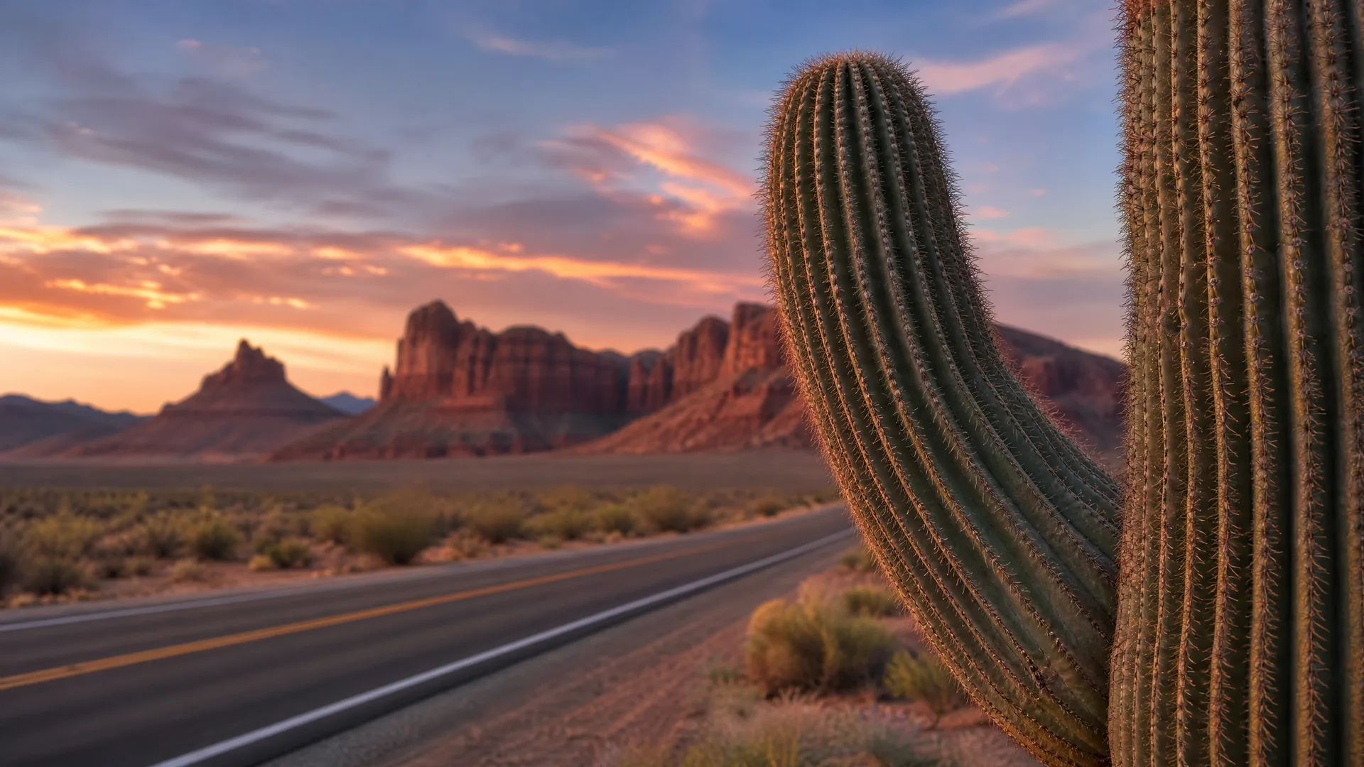 A large saguaro cactus in the right foreground beside a two-lane road crossing desert scrubland, with red rock buttes and a colorful sunset sky in the background.