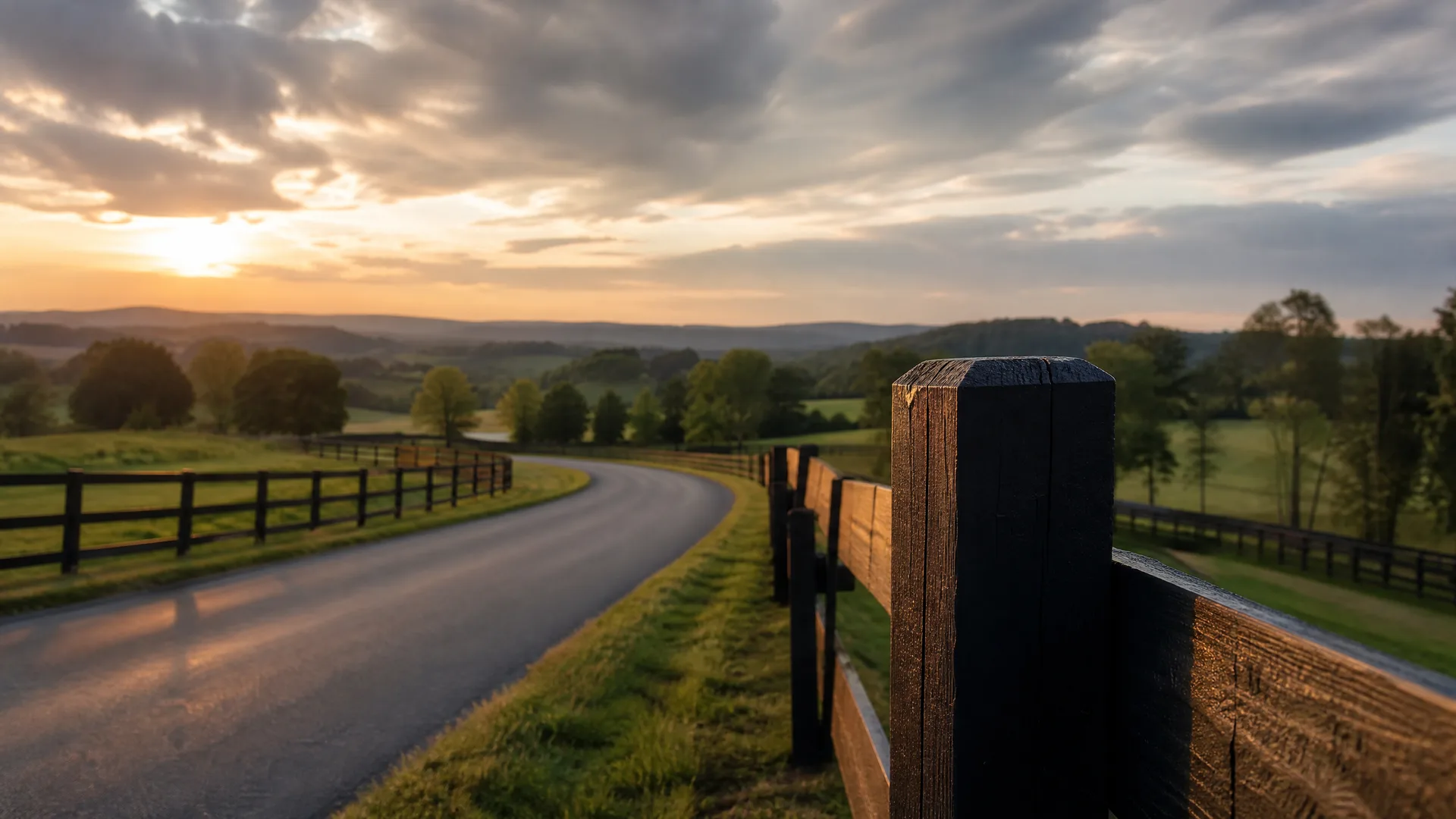 A paved road curves through green rolling countryside at sunrise, with a dark wooden fence post in sharp focus in the foreground and board fencing lining both sides of the road.