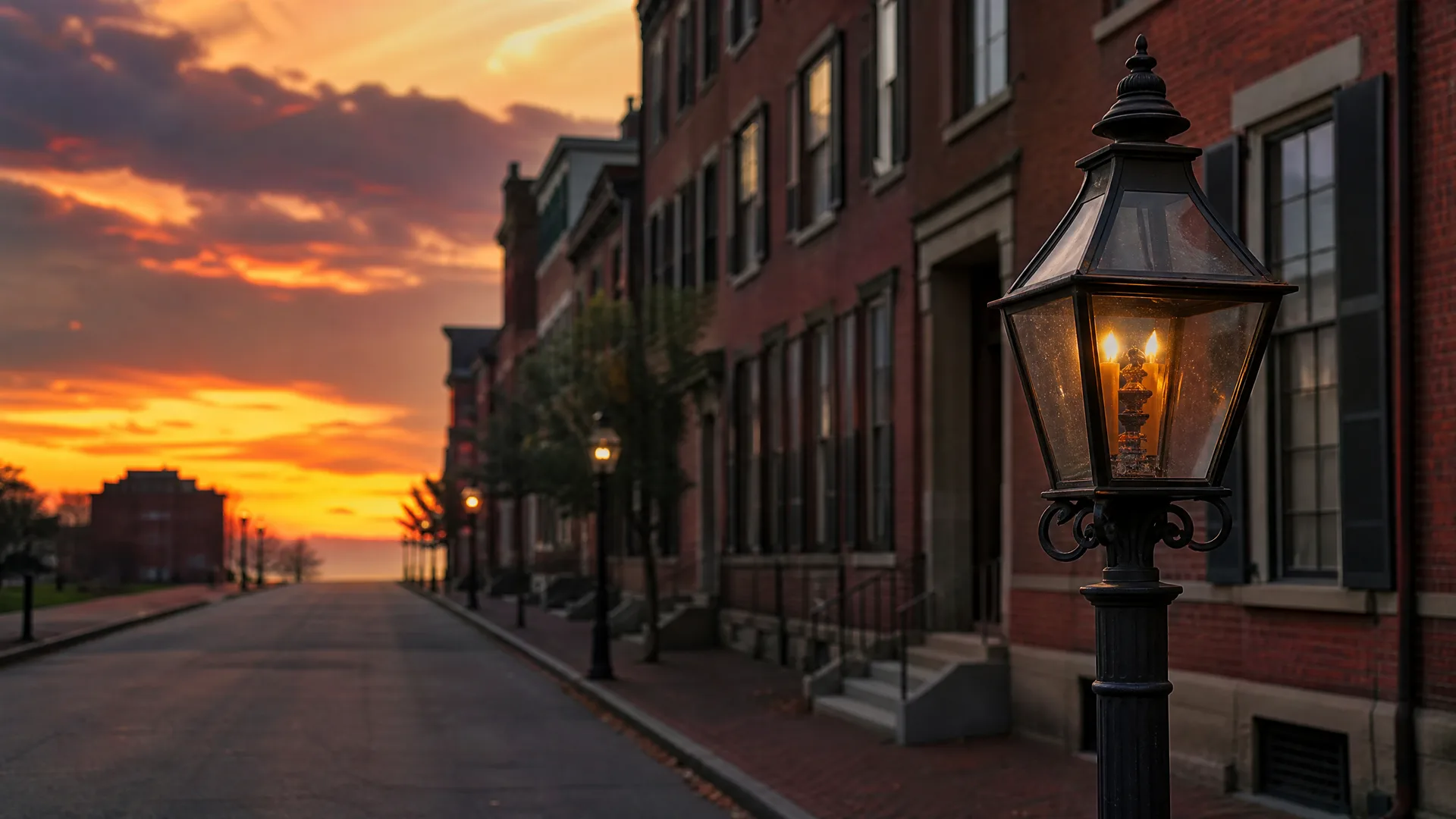 A lit ornamental street lamp in the foreground along a brick-paved sidewalk beside brick row houses, with an empty street receding toward an orange sunset sky.