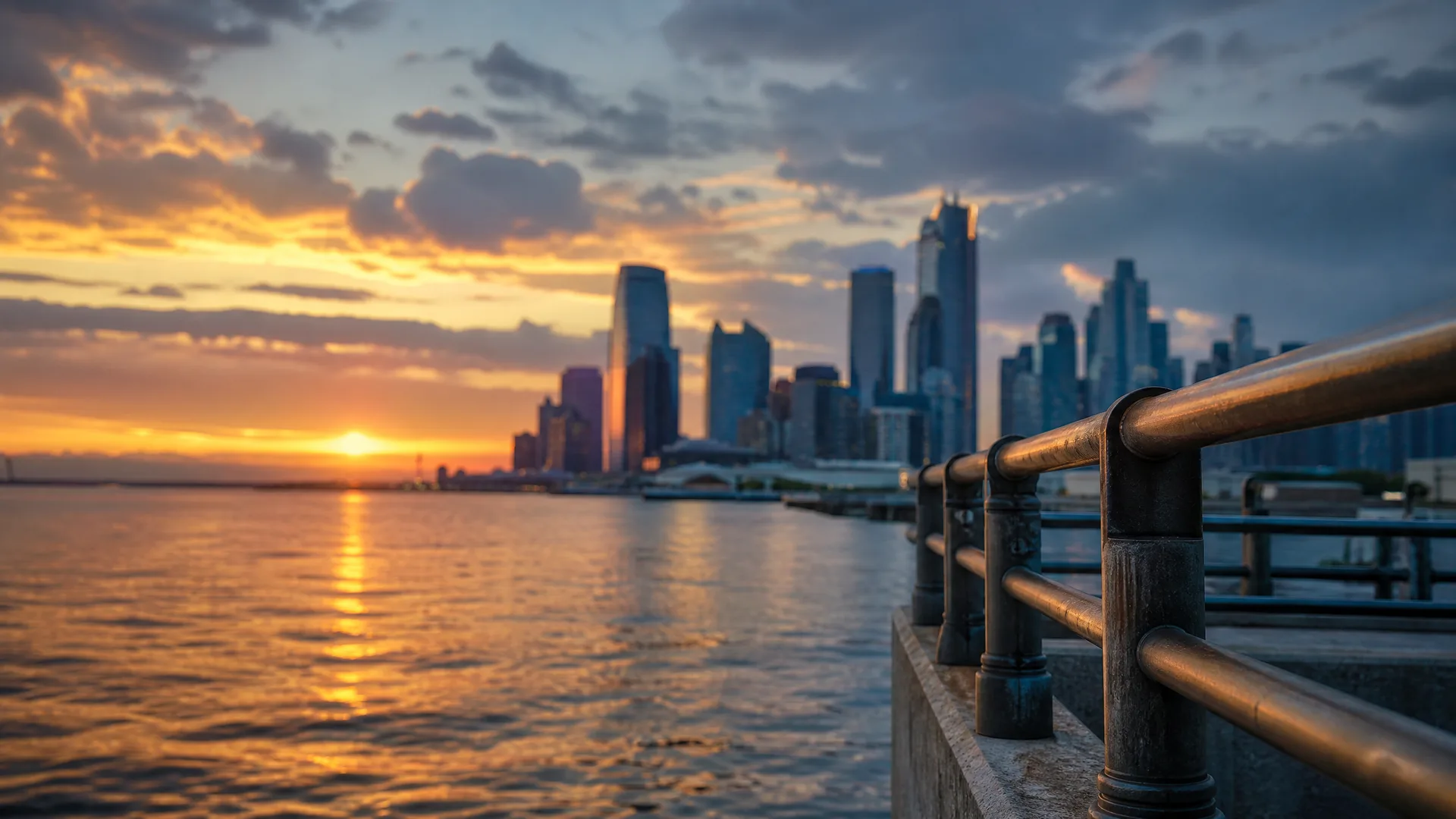 A waterfront metal railing in the foreground leads toward a distant skyline of high-rise buildings across calm water at sunset, with orange light reflecting on the surface under broken clouds.