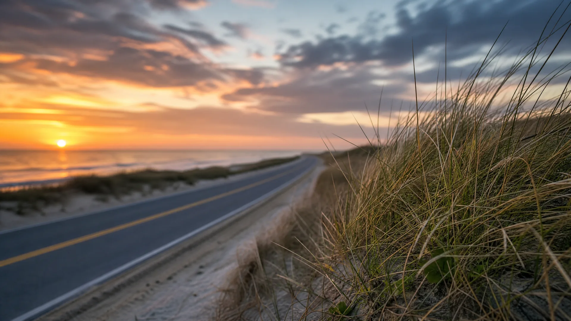 A two-lane road with a double yellow center line curves along a sandy coastline at sunset, with dune grass in sharp focus in the right foreground and the sun low over the ocean at left.