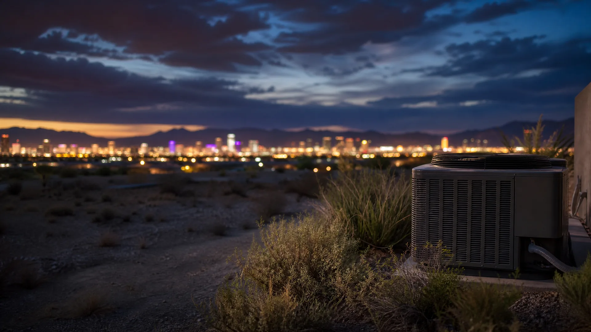 An outdoor air conditioner condenser unit beside a stucco wall and desert shrubs, with a distant city skyline and mountains under a cloudy twilight sky.