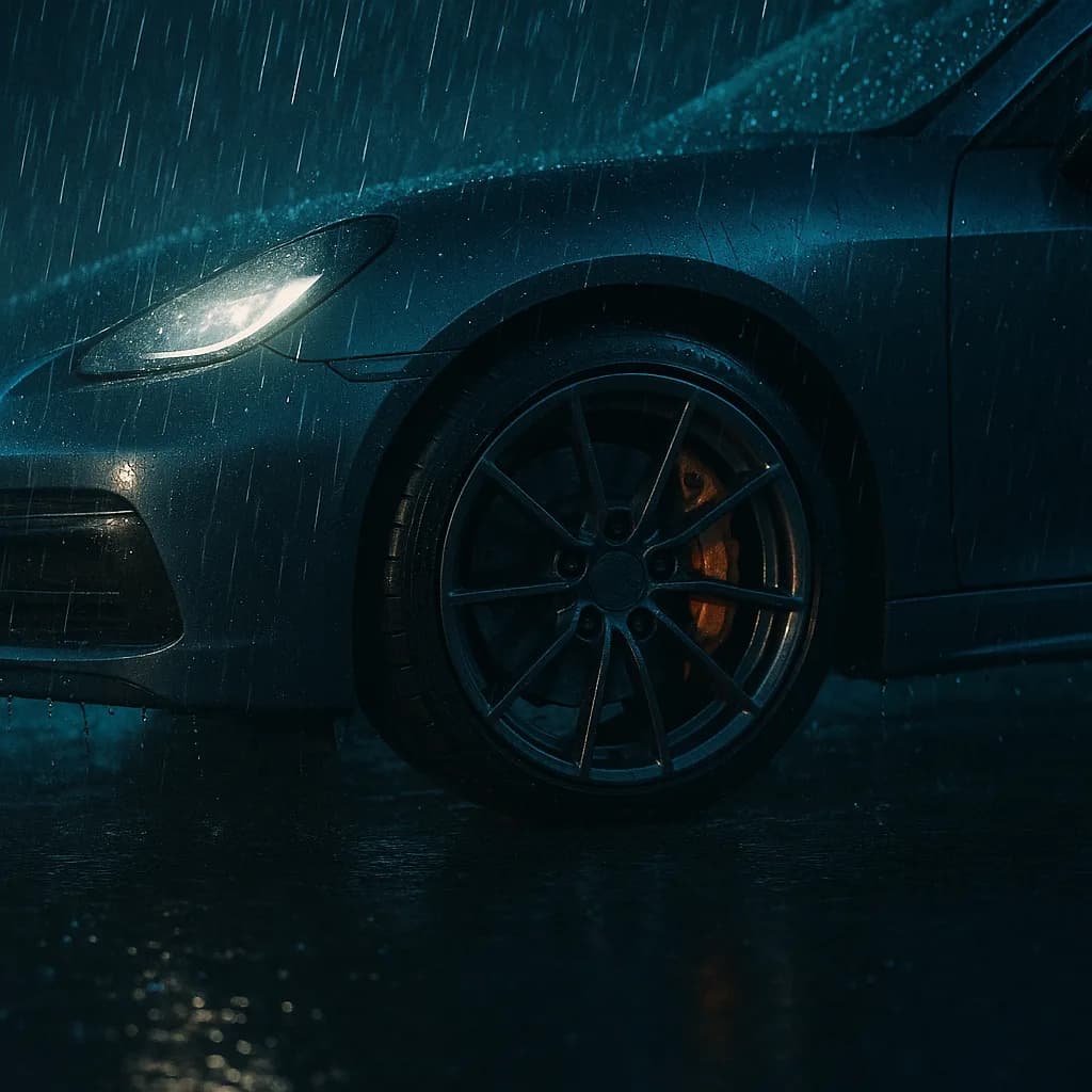 Dark blue sports car front wheel and headlight in rain at night with glowing orange brake calipers