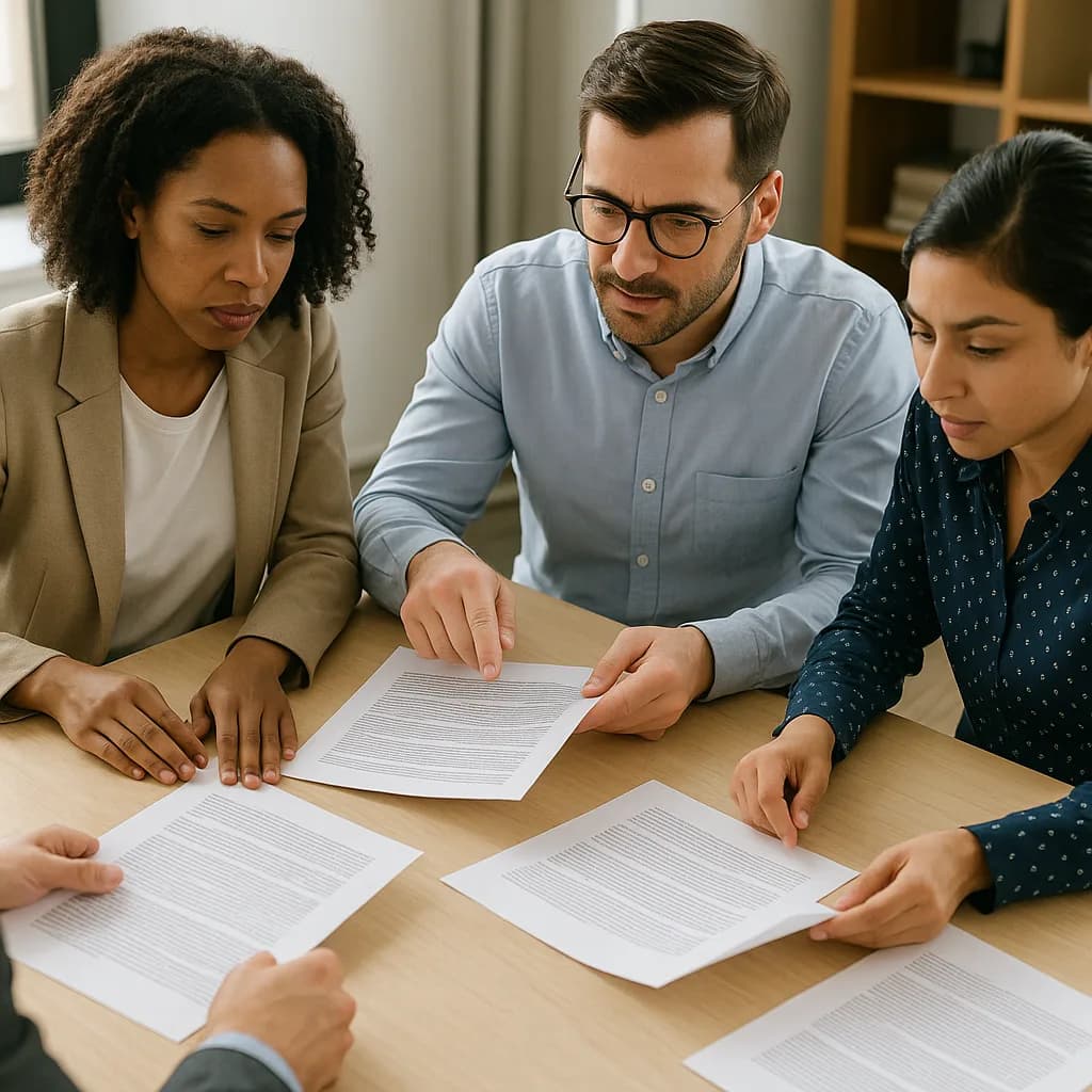 Three business professionals reviewing documents together at a conference table in an office