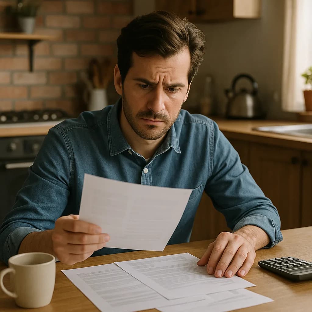 Man reviewing bills and financial documents at kitchen table with calculator and coffee mug