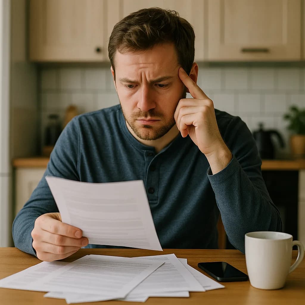 Worried man reviewing bills and financial documents at kitchen table