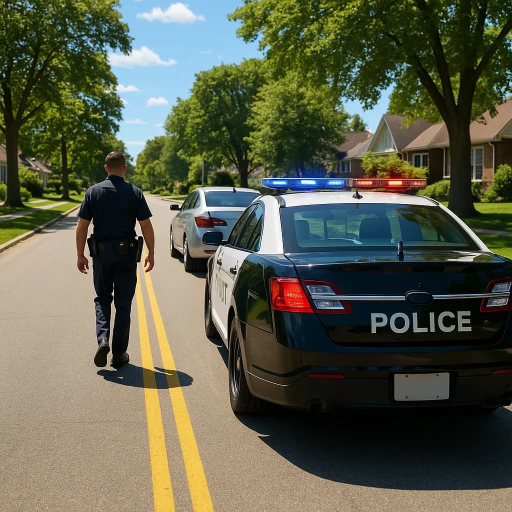 Police officer approaching vehicle during traffic stop on suburban street with patrol car lights flashing