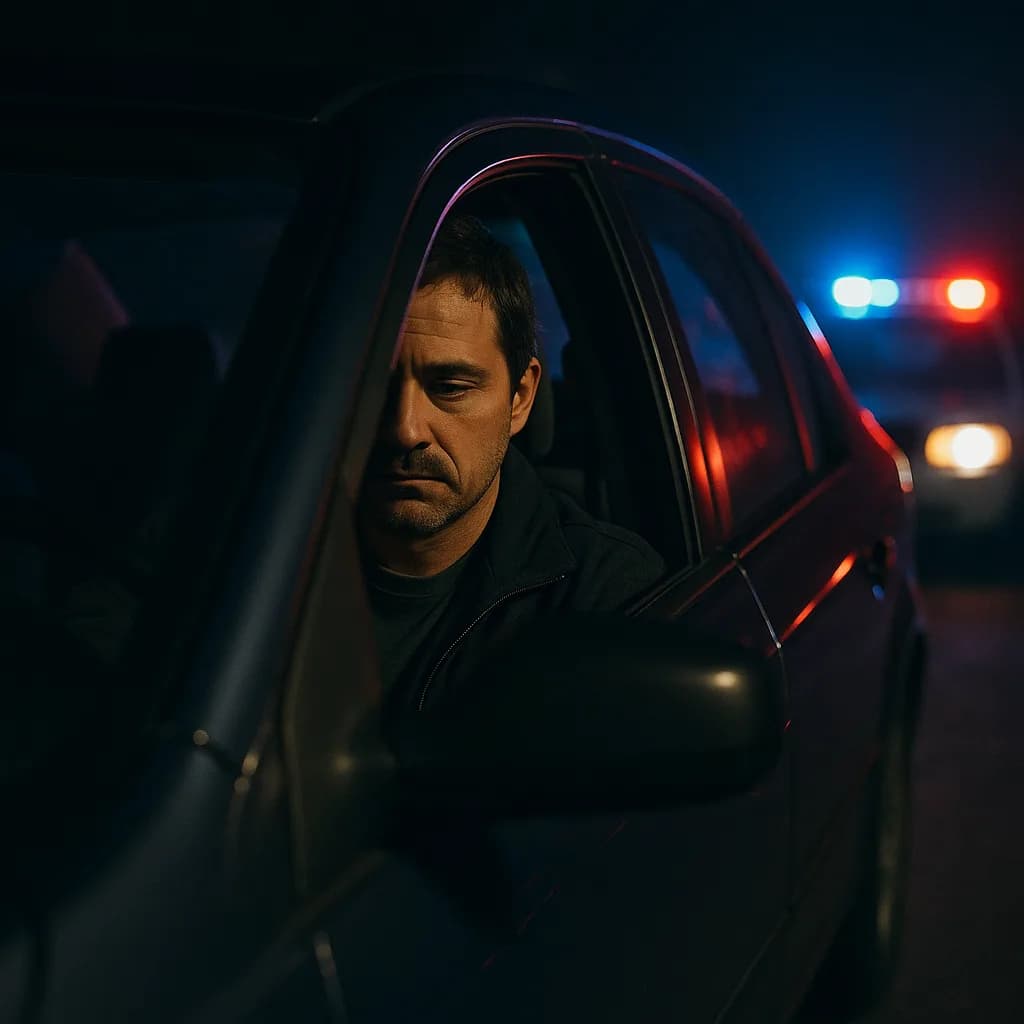 Man in car at night with police lights in background